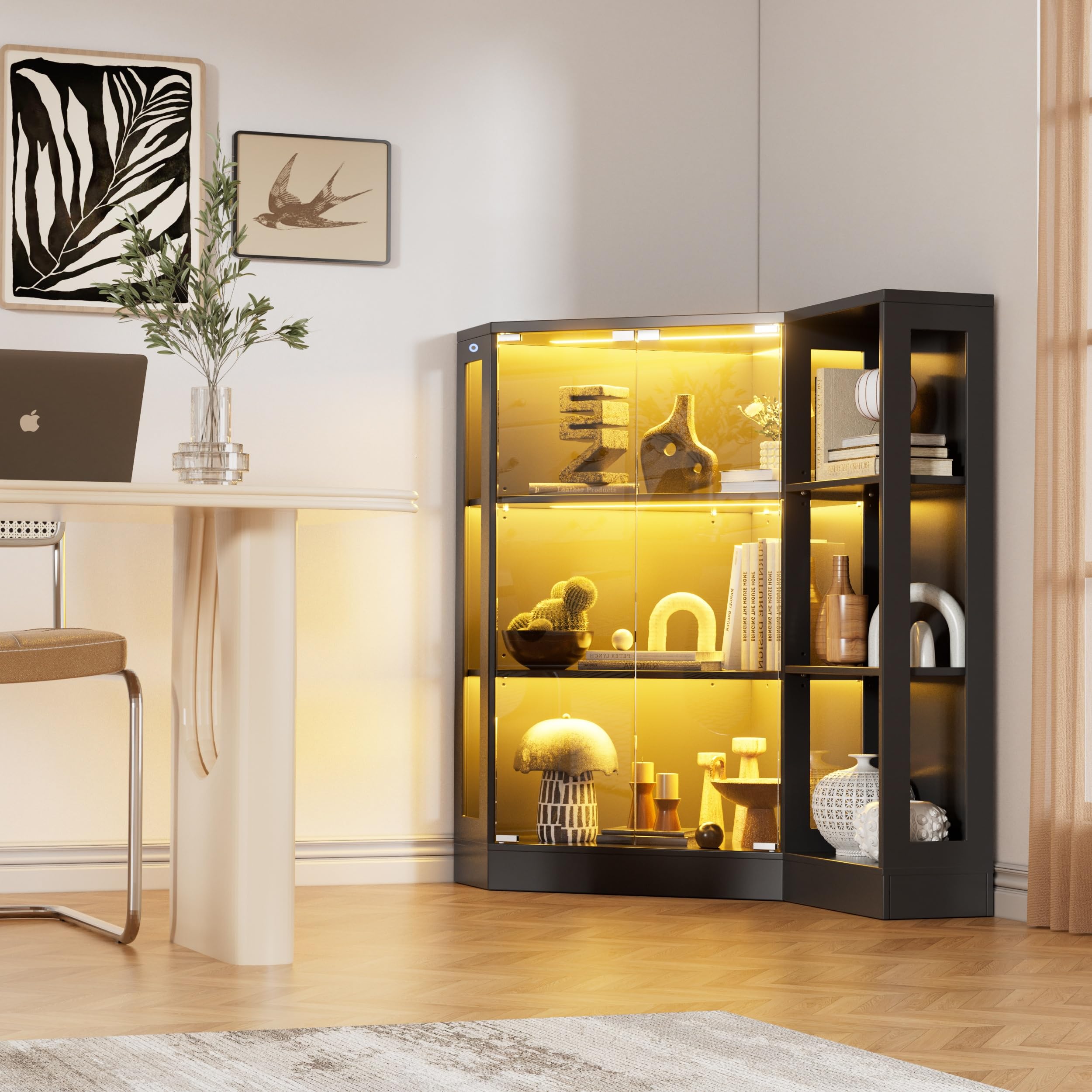 MSFE Vitrine en Verre avec LED, Armoire Vitrine pour Collection avec Capteur Intelligent, 2 Porte 6 étagères, Multifonction Meuble Vitrines LED Salon, Chambre, Entrée, 100x116.5x60 cm, Noir