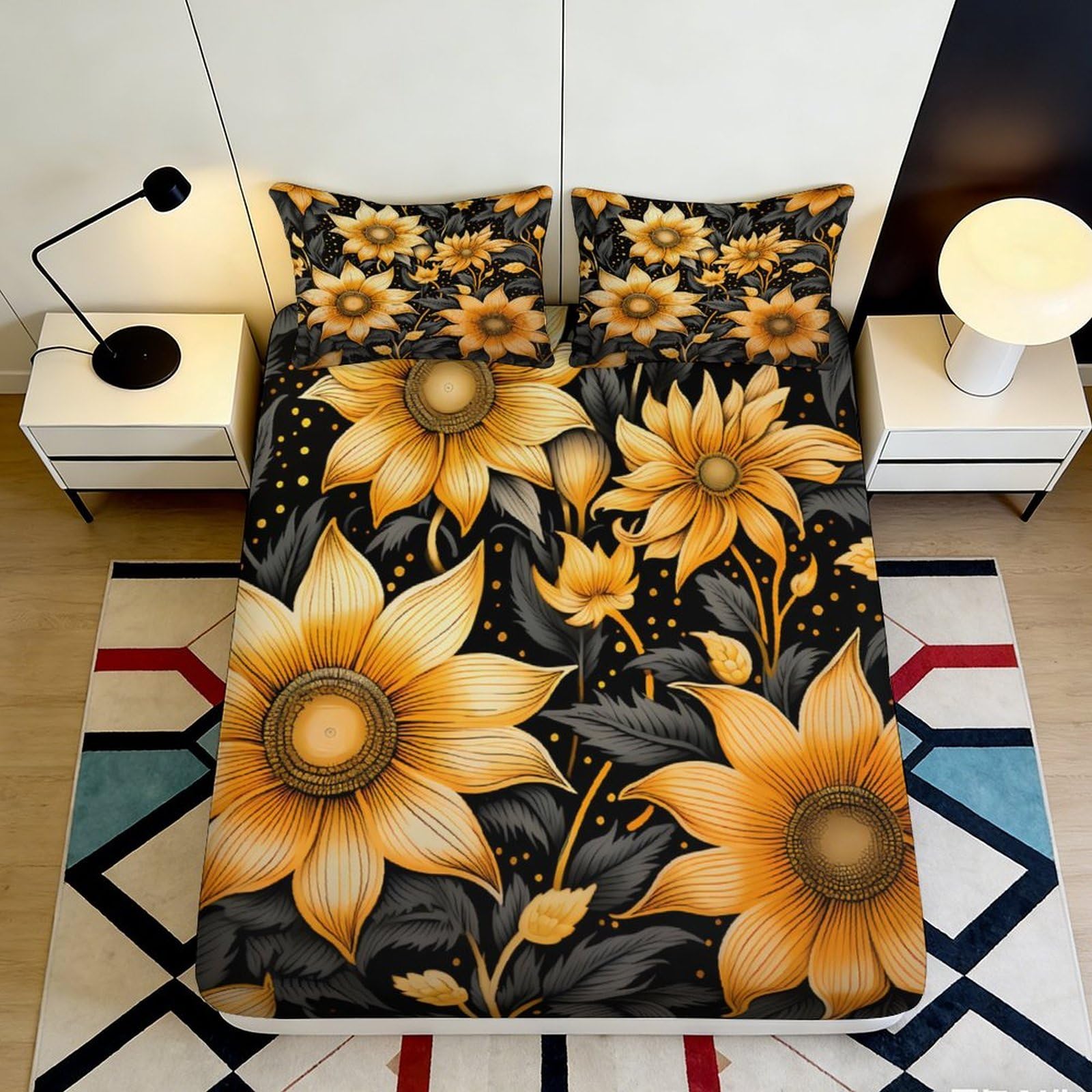 3D Printed Sunflower Garden Fitted Sheet Microfiber Soft Anti-Slip Golden Blossom Mattress Cover for Bedroom Dorm Decor 140x200x25cm