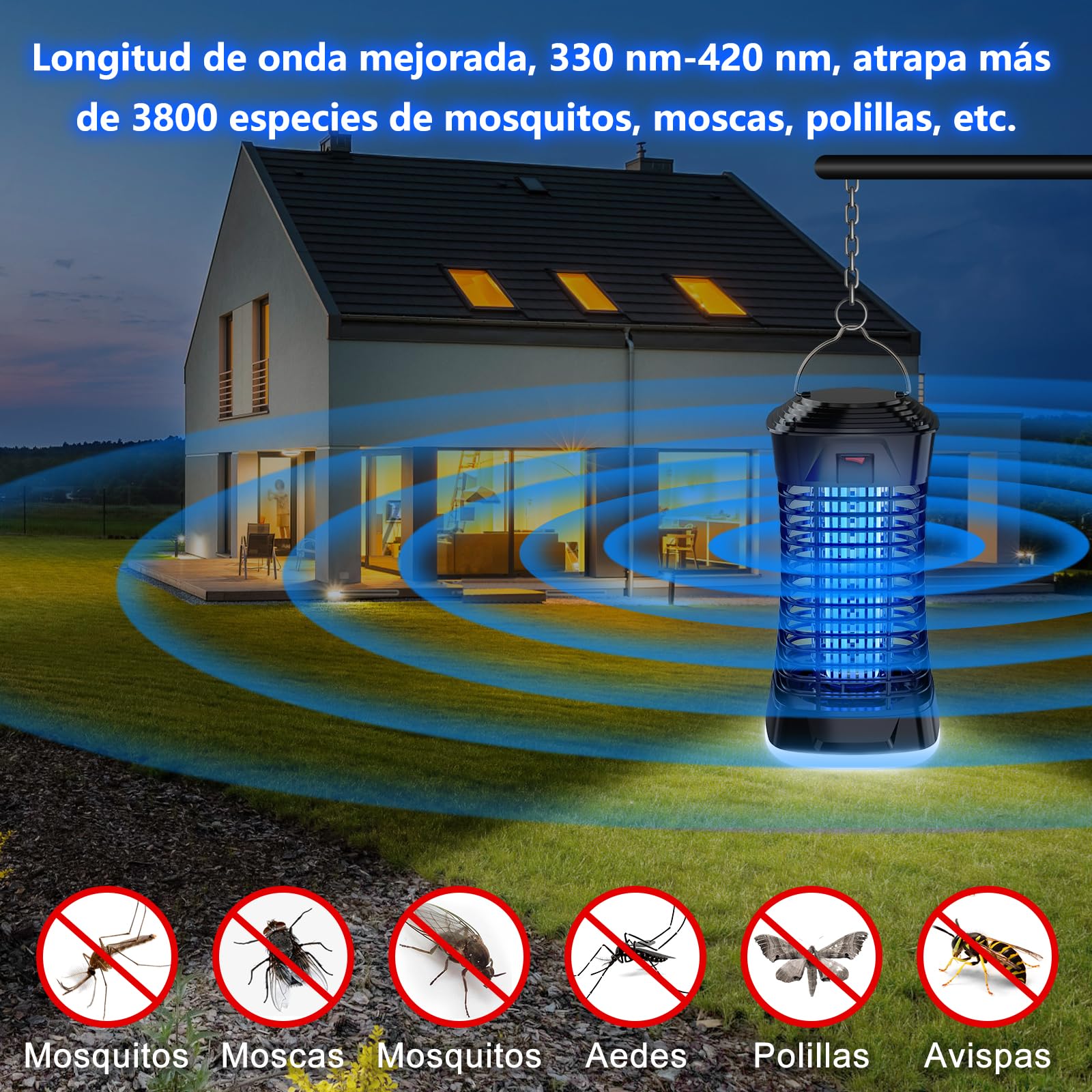Loowoko Lampara Antimosquitos Exterior, Matamoscas Electrico Interior, 4200V Mata Mosquitos Electrico Exterior, Cable de 3m, Con luz en la parte inferior para camping, patio,dormitorio y sala de estar