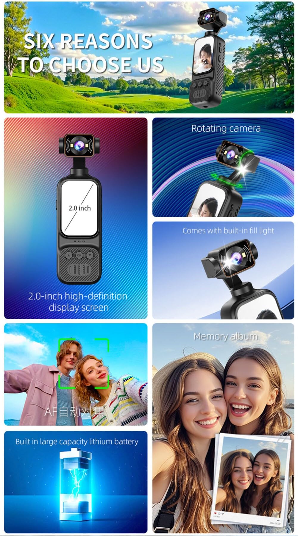 ZYWUOY Videocamera 2K Vlogging, Action Cam palmare con stabilizzazione intelligente, schermo girevole a 270° per viaggi e sport