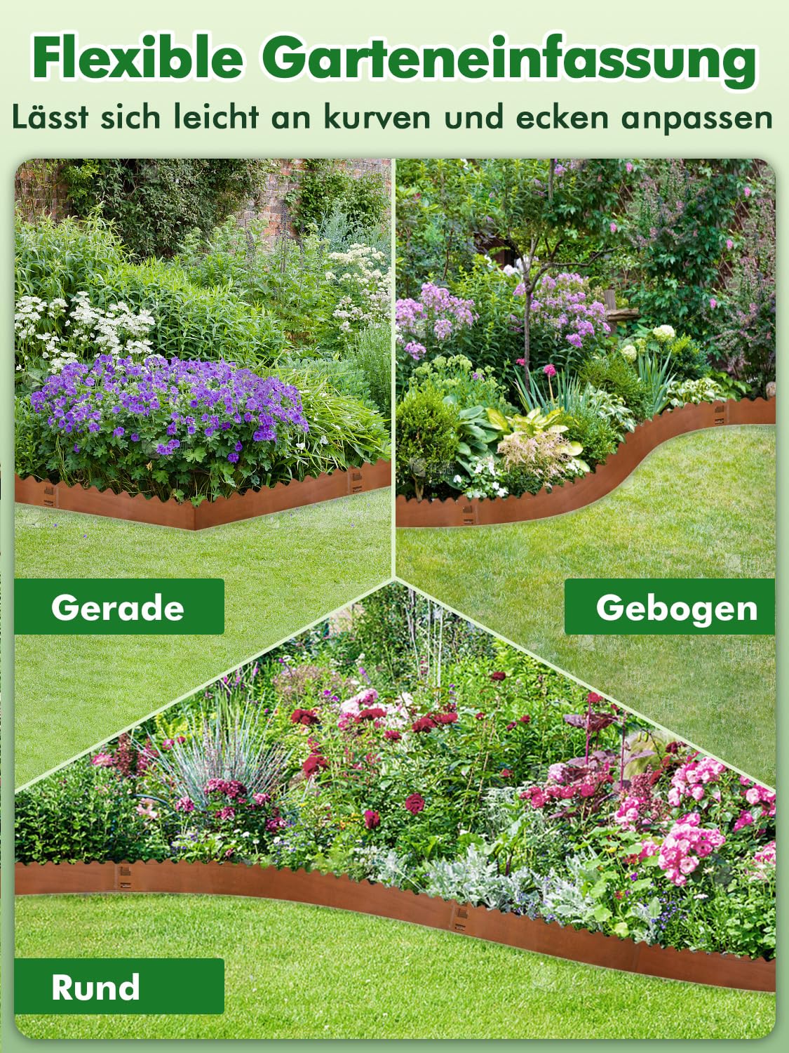 Rasenkante Cortenstahl,10 Stücke 10.75M Flexible Rasenkante,20cm Höhe Beetumrandung mit 5cm Spikes,Welliges Aussehen Beeteinfassung,Rasenkanten für Gärten Wege Rasenflächen