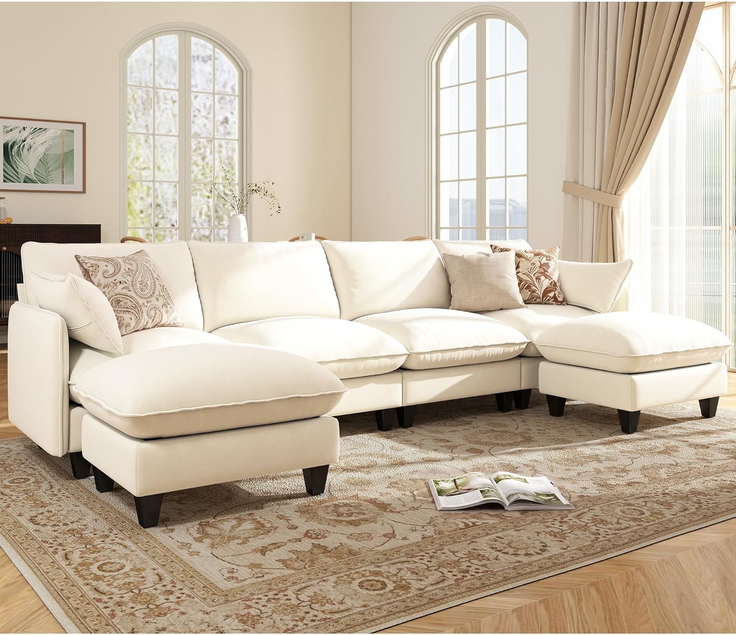 Ihanherry 139" U-Shaped Modular Sectional Couch, Oversized Cloud Sofa with Large Cushions & Movable Ottoman, Chenille Deep Seat Sectional for Living Room, Beige | Modular Design, Large Cushions, Deep Seat, Premium Chenille, Spacious Seating