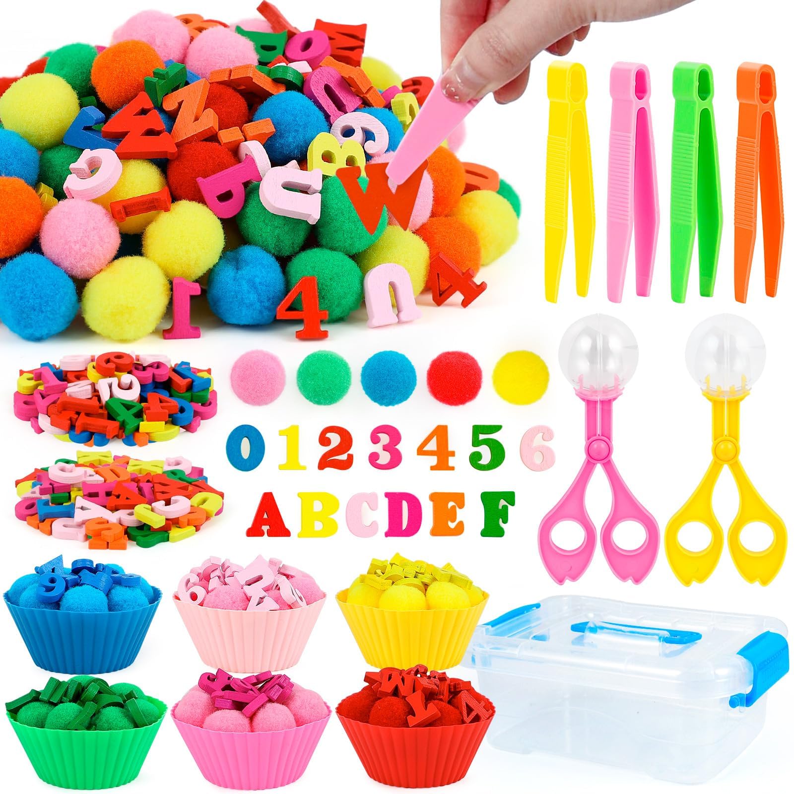 231 Pcs Letters and Numbers Sensory Bin Filler Fine Motor Toys Sensory Bin Filler 100 Pompoms 100 Wooden Letters and Numbers 14 Cups 4 Tweezers 2 Scissors Storage Box for Sorting Counting Training