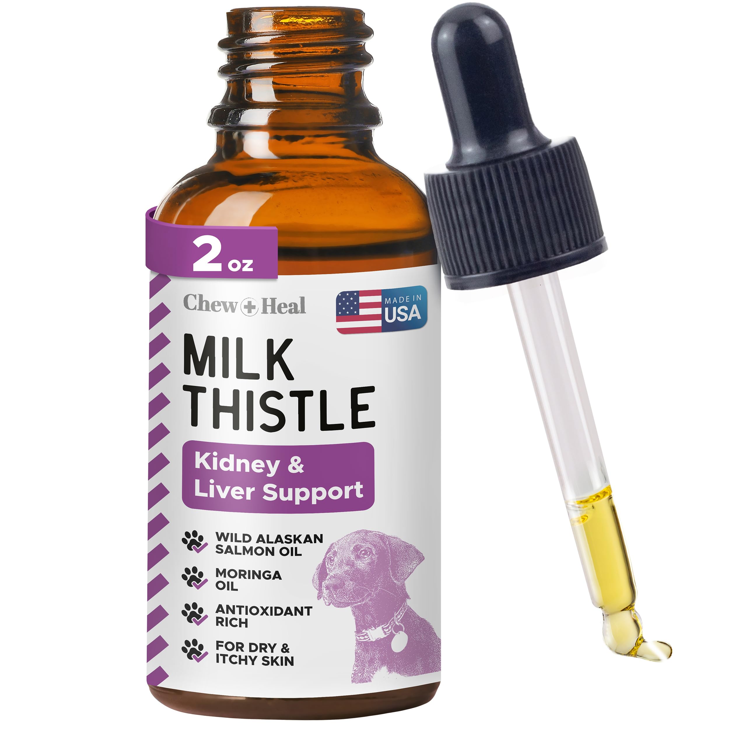 Milk Thistle for Dogs Liver Support - 2 oz Liquid Milk Thistle Supplement for Kidney and Liver Support - with Wild Alaskan Salmon Oil and Moringa Oil - Made in USA 2 oz.