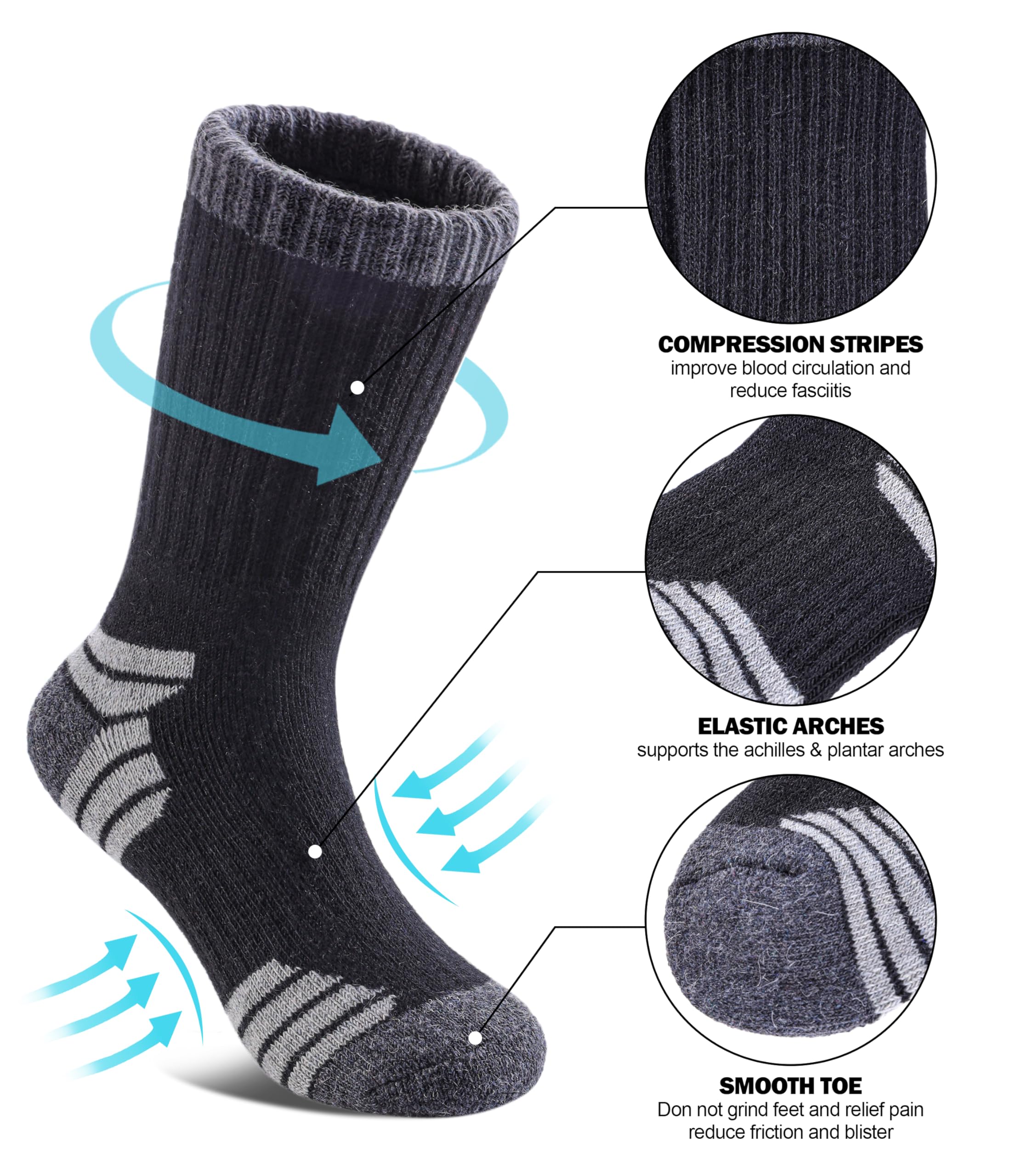 SDBING Lot de 6 paires de chaussettes de randonnée en laine mérinos pour enfants, garçons et filles, avec coussin épais et chaud