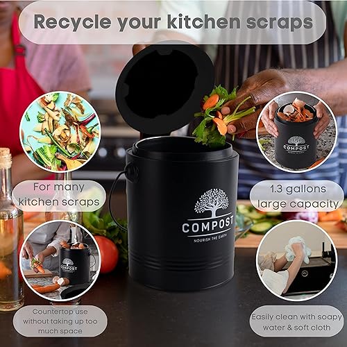 Miniatura 3 de Perfnique Cubo de Compost de Cocina, Cubo de Compost de Encimera de 1.3 Galones con Tapa, Cubo de Compost Interior Incluye Revestimiento del Cubo