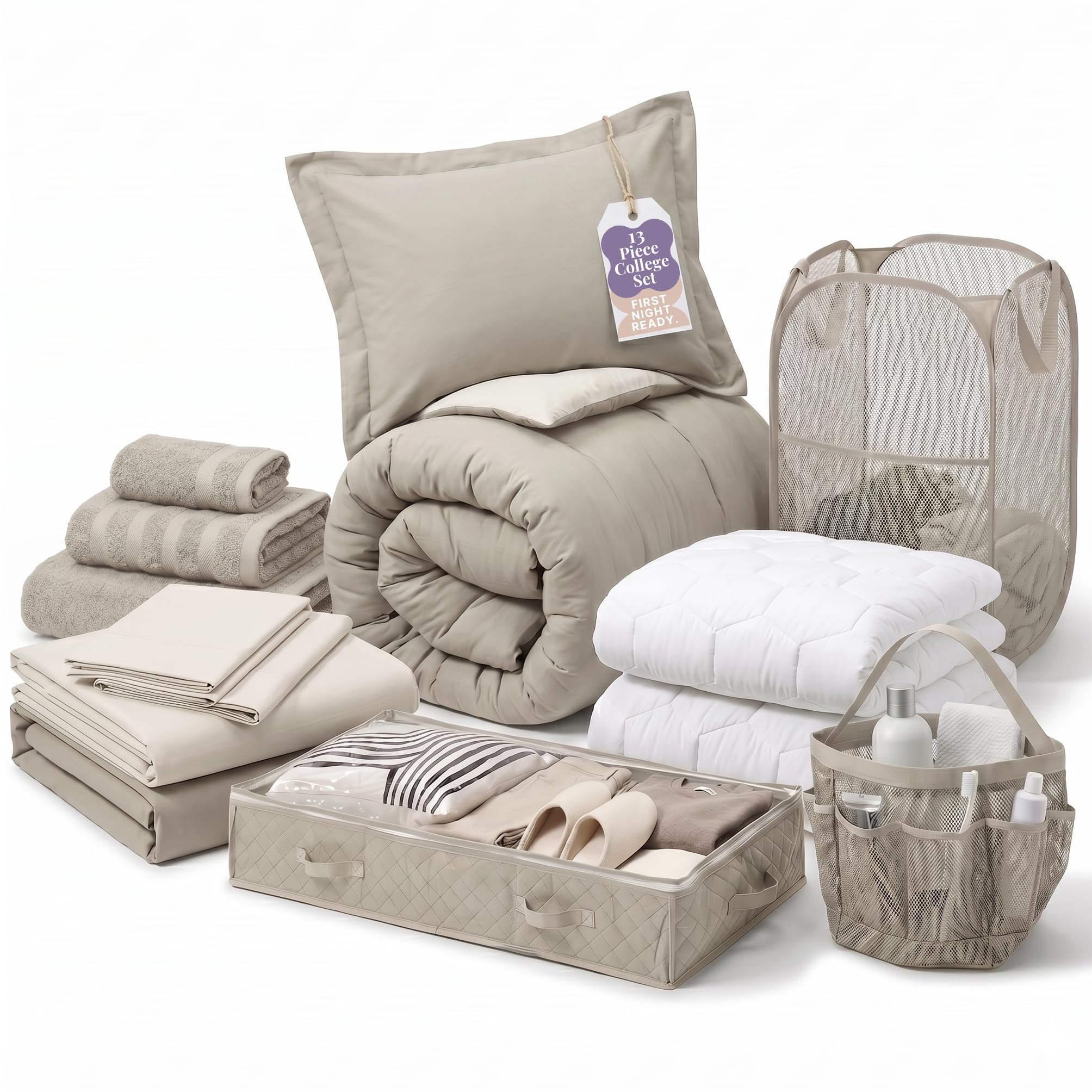 Photo 1 of Hearth & Harbor 13 Piece Complete Dorm Room Set, Twin XL Comforter Set, Sheet Set, Mattress Protector, Towels and Organizers - All Dorm Accessories Included