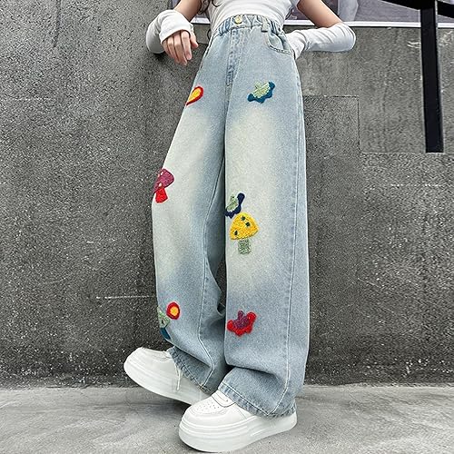 Teen Girls Cute Certoon Embroidery Jeans Wide Leg Elastic High Waist Denim Pants Loose Y2k Streetwear Trousers Clothes(Light Blue,11-12 Years)