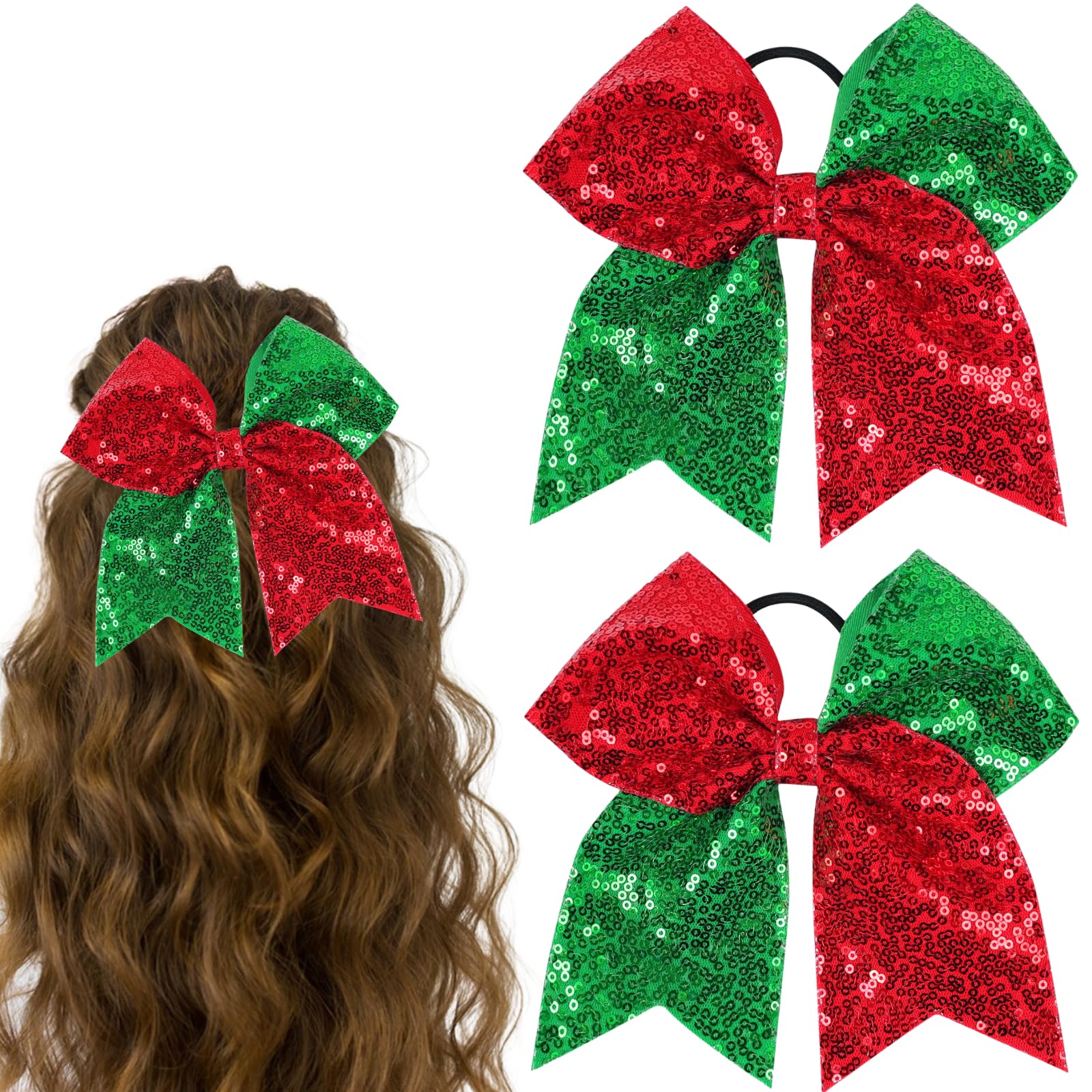 2 Pcs Large Sequin Hair Bow Glitter Cheer Bow Hair Tie Red Green Ribbon Bowknot Hair tie Cheerleader Hair Bow with Ponytail Holder Christmas Hair Accessories for Girls Teen