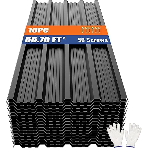 Metal Roofing Panels 10pcs 55.7 ft², 45.28"L Black Corrugated Galvanized Steel Roof Panels with Screw, Heavy Duty Metal Siding Suitable for Garages Chicken Coop Sheds Stables Patio