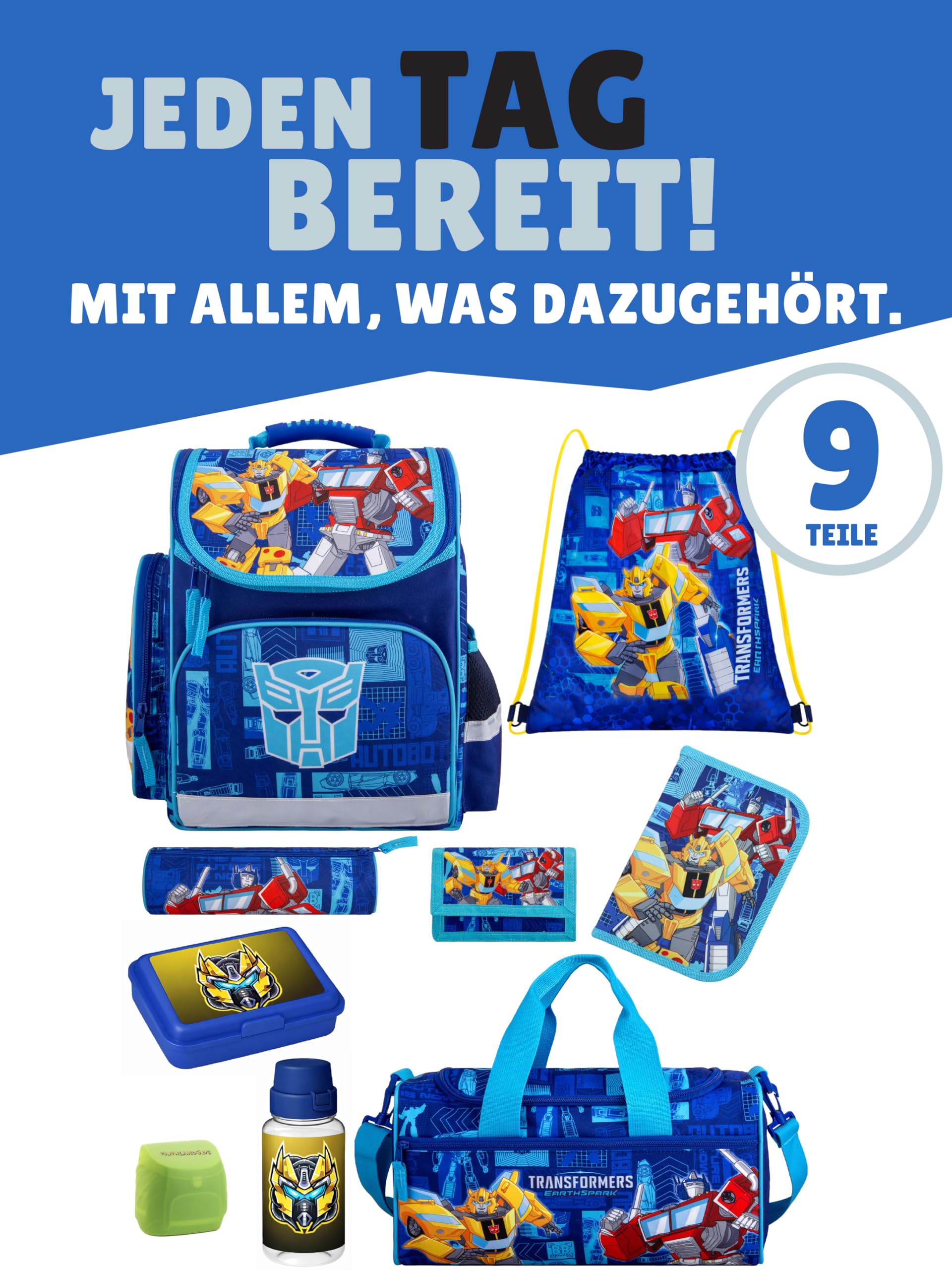Familando - Schulranzen Set - 9-teilig mit Lunch-Set - Transformers - Ergonomisch, stabil & mit gepolstertem Rücken - 930g leicht - 15L Volumen - Mit Reflektoren - Für Grundschule ab 1. Klasse