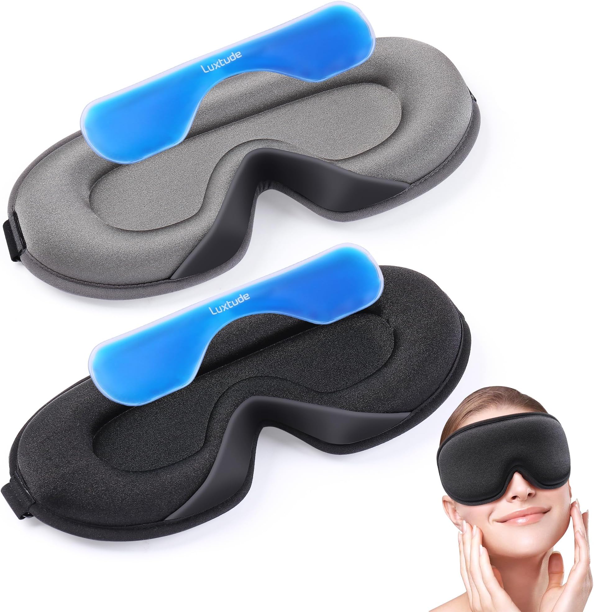 Luxtude2Pack Sleep Eye Mask with Hot Cold Gel Ice Pack for Dry Eyes/Dark Circles/Puffiness, Upgraded 3D Contoured Night Sleep Mask Block Out Light, Blindfold Eye Shade Cover for Women Men Travel