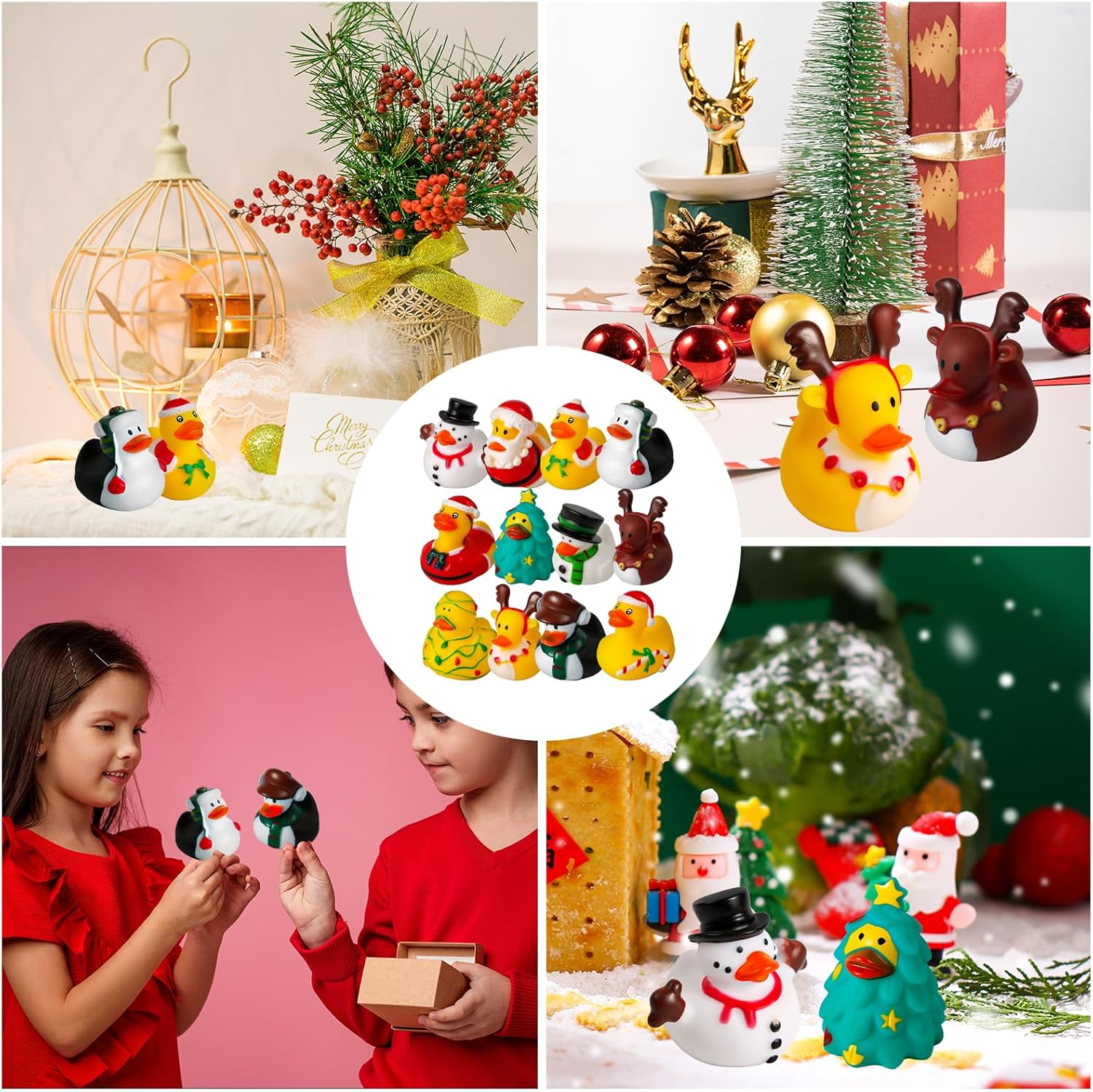 12pcs Christmas Rubber Ducks, 12 Styles Santa Claus Elk Styled Assorted Rubber Ducks Xmas Duck for Ducking Bath Ducky Toy Floating Bathtub Toys for Kids Baby Shower Christmas Party Festival Gift