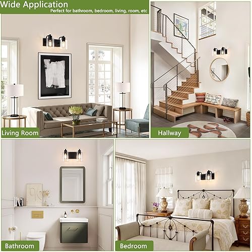 Miniatura 7 de Luces de Baño Negras Mate de 2 Luces Sobre Espejo con Pantalla de Vidrio Transparente, Luminarias Modernas de Baño para Cocina, Sala de Estar, Negro