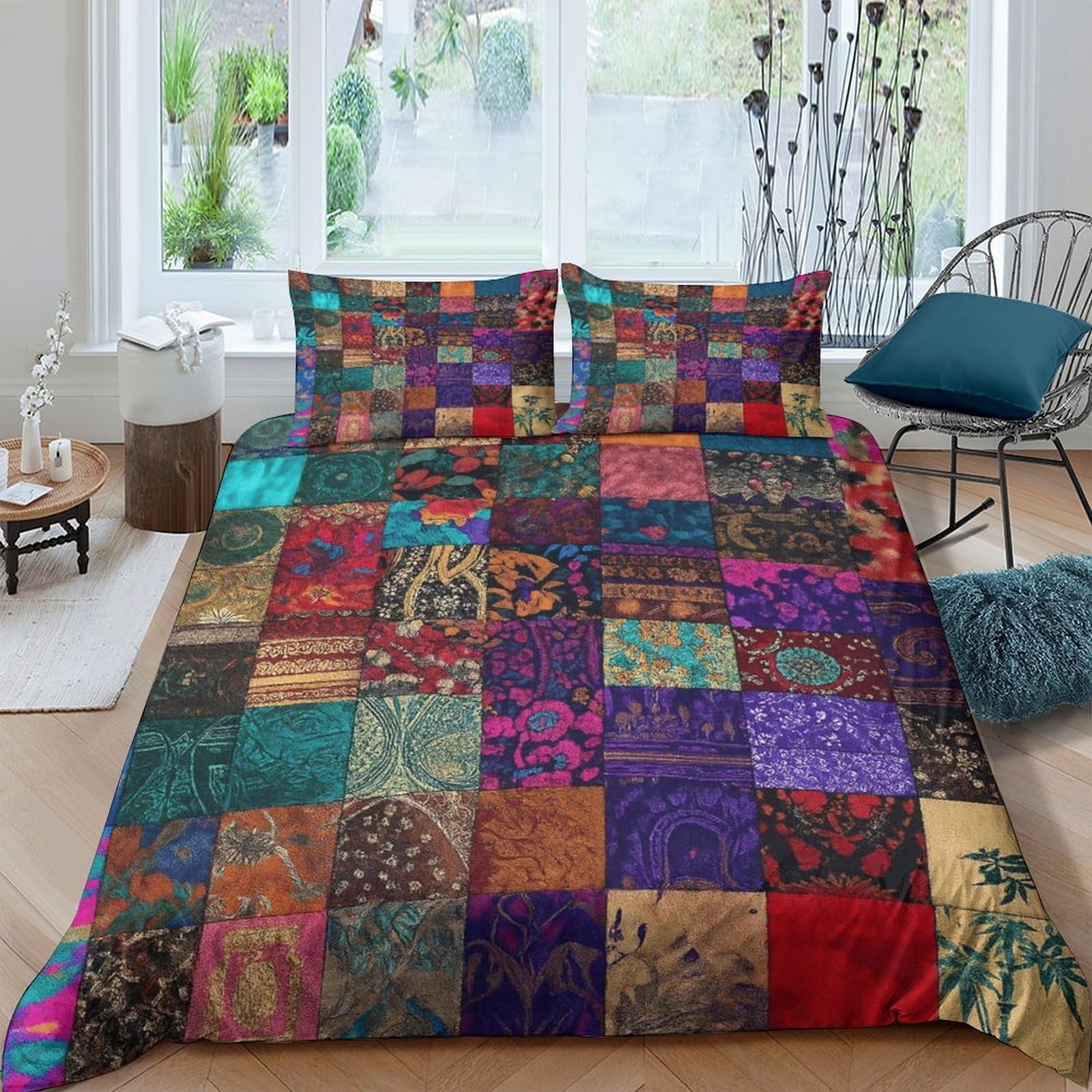 GPLZQXKJNH 3D Printed Patchwork Boho Duvet Cover Microfiber Soft Breathable Vintage Mosaic Bedding Set with 2 Pillowcases for Bedroom Decor Single（135x200cm）
