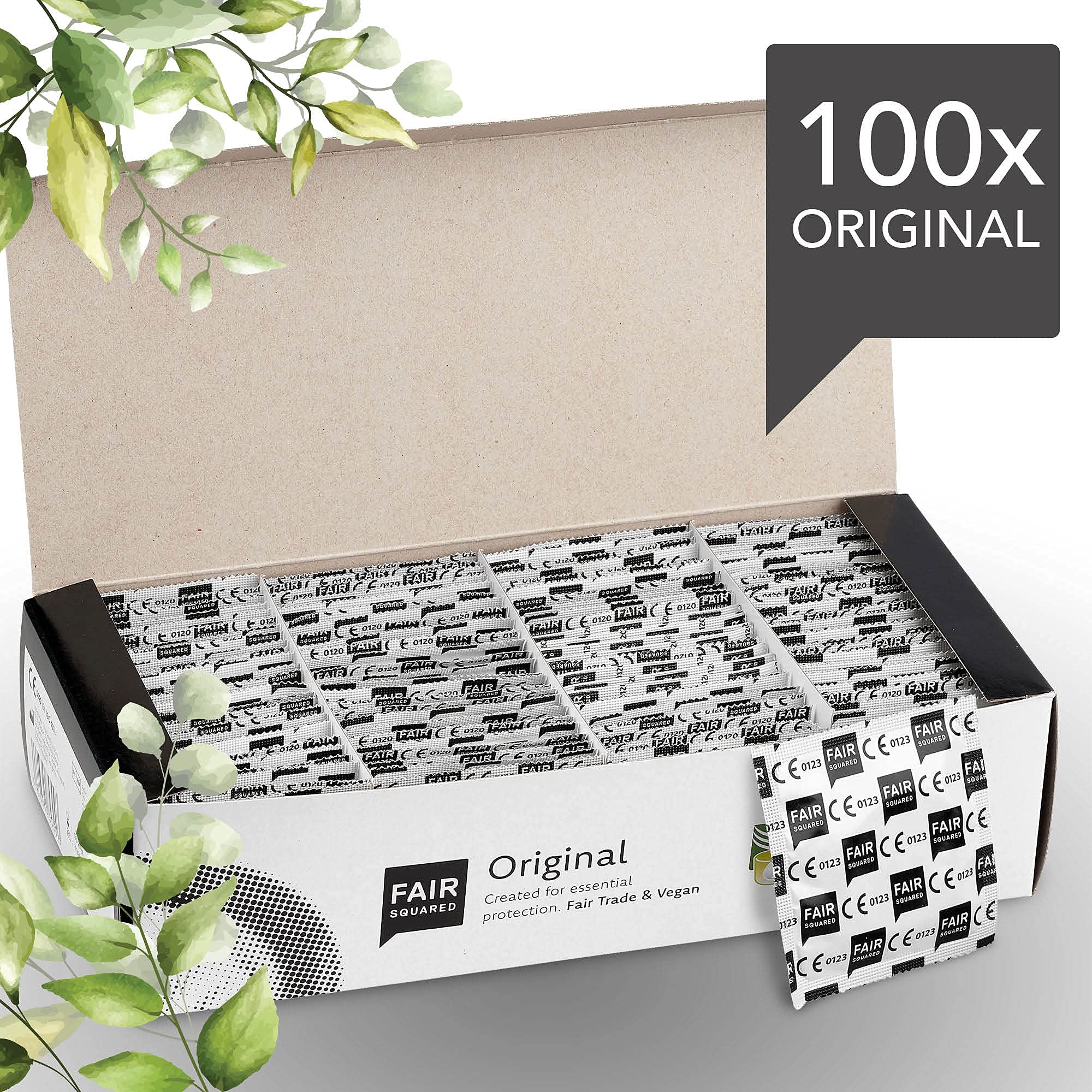 FAIR SQUARED Original Kondome 100 Box 55 mm – Vegane Kondome 100er aus fair gehandeltem Naturkautschuk – Kondom 100 Stück gefühlsecht hauchzart