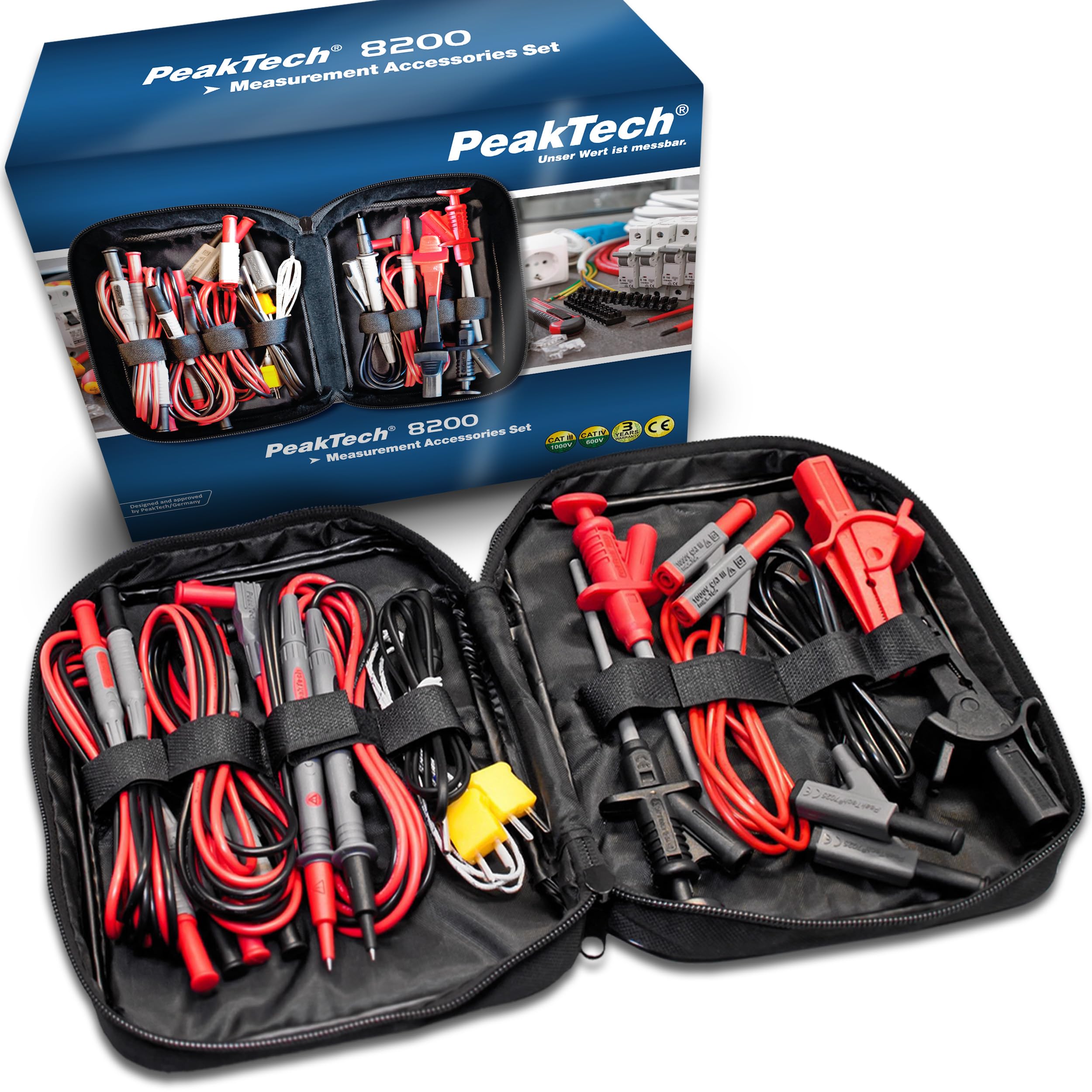 PeakTech 8200 - Juego de Accesorios de Medición para Multímetro Digital, Cables de Prueba, Pinzas de Cocodrilo, con Batería - 14 Piezas, Bolsa Incluida