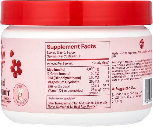 Miniatura 2 de Peach Perfect Inositol Polvo Multivitamínico, Sabor Limonada Rosa – 4g de Myo e Inositol D-Chiro, DIM, Zinc, Magnesio Glicinato, Vitamina D3 – Apoya