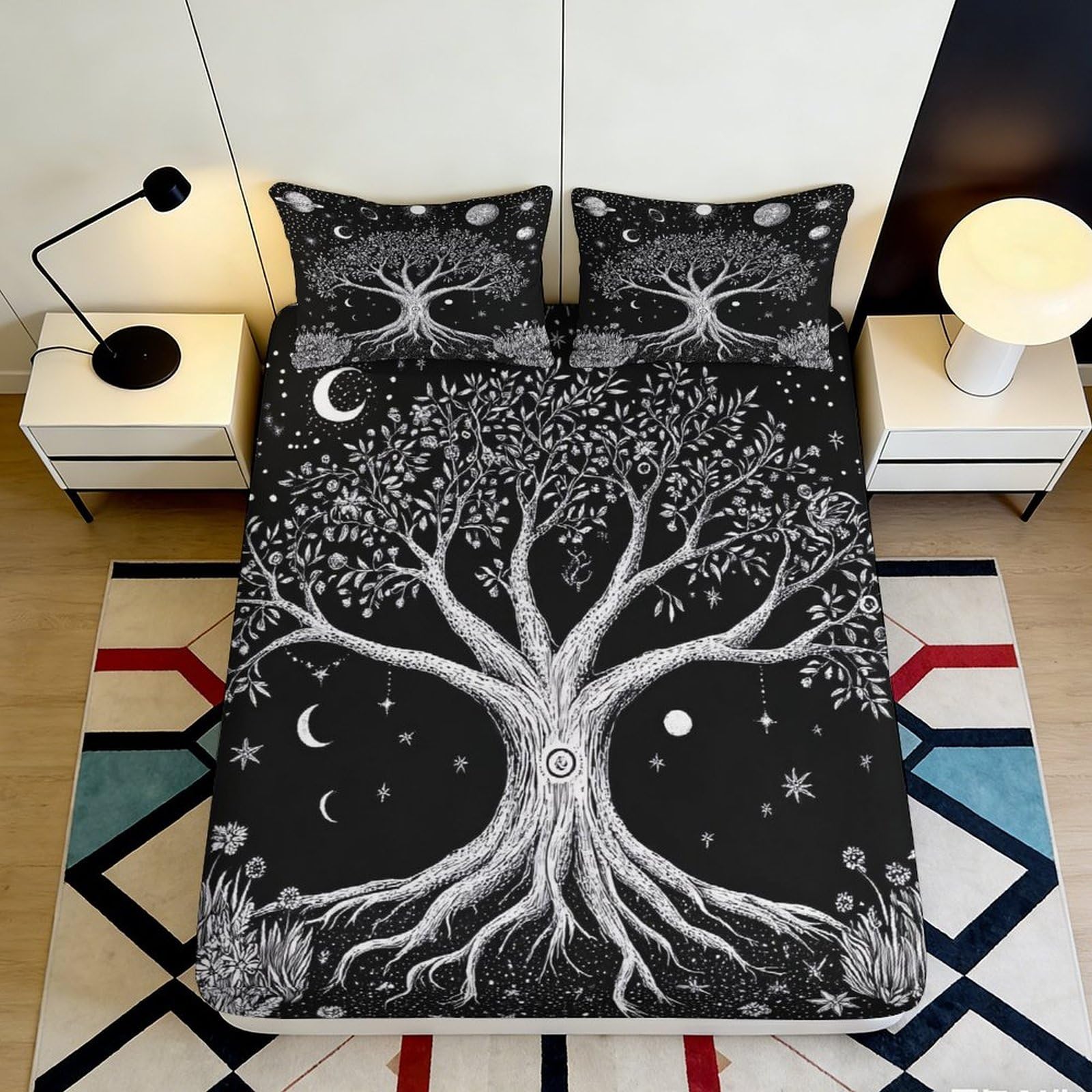 Jqzkxnhpbr Style-2 3D Printed Tree Of Life Fitted Sheet Microfiber Soft Black Moon Star Mattress Cover For Bedroom Decor Protection 90X200x25cm