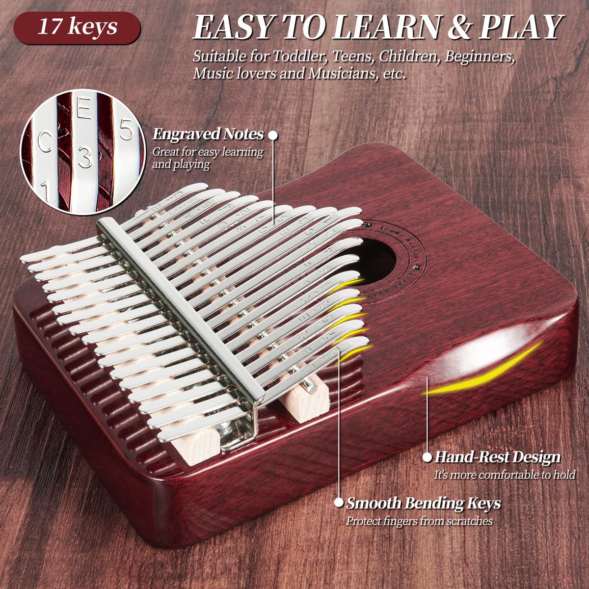 Kalimba Daumenklavier 17 Tasten Finger Piano (Weinrot)