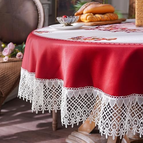 Miniatura 5 de ARTABLE Mantel redondo de encaje rústico macramé bordado para cosecha, decoración de aparador, casa de campo, cocina y hogar (borgoña, 70 pulgadas,