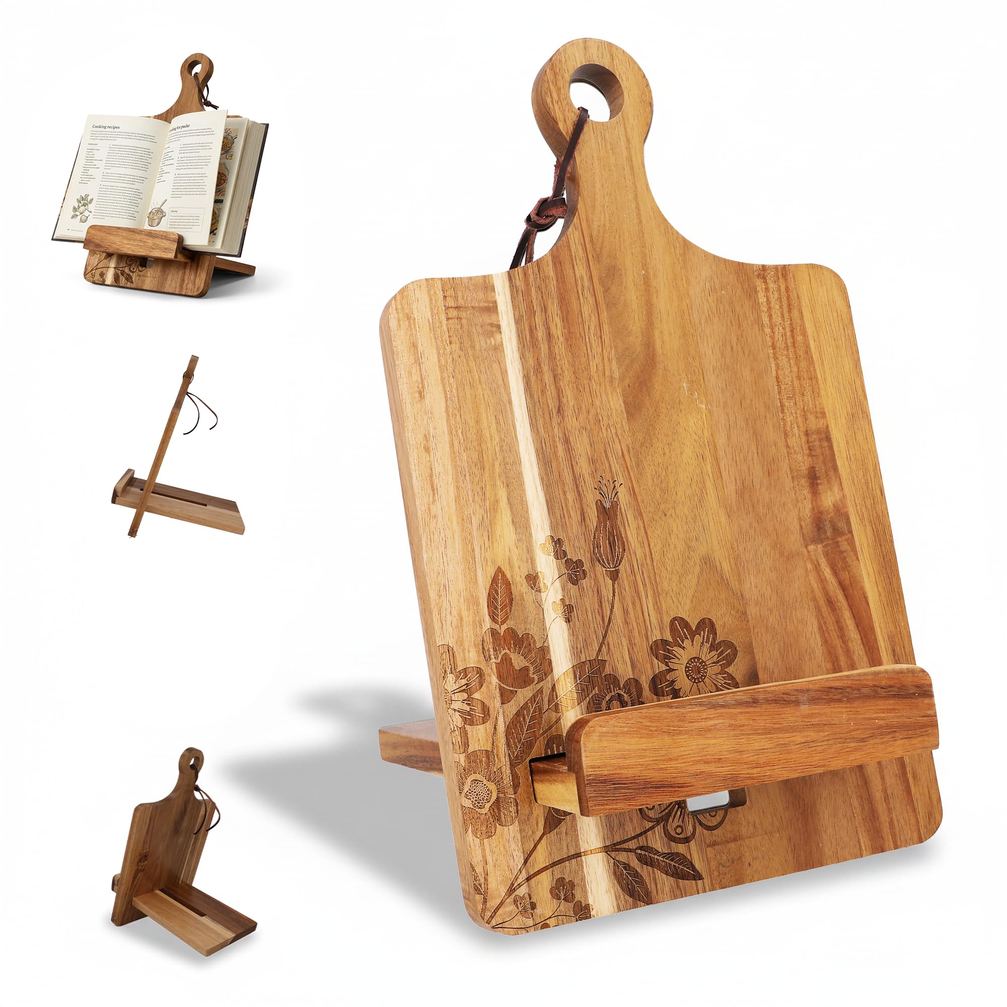 Soporte de madera para libros de cocina para mostrador de cocina, regalo del día de la madre para mamá, soporte reversible para libros de recetas de acacia, tarjeta de conversión de medición