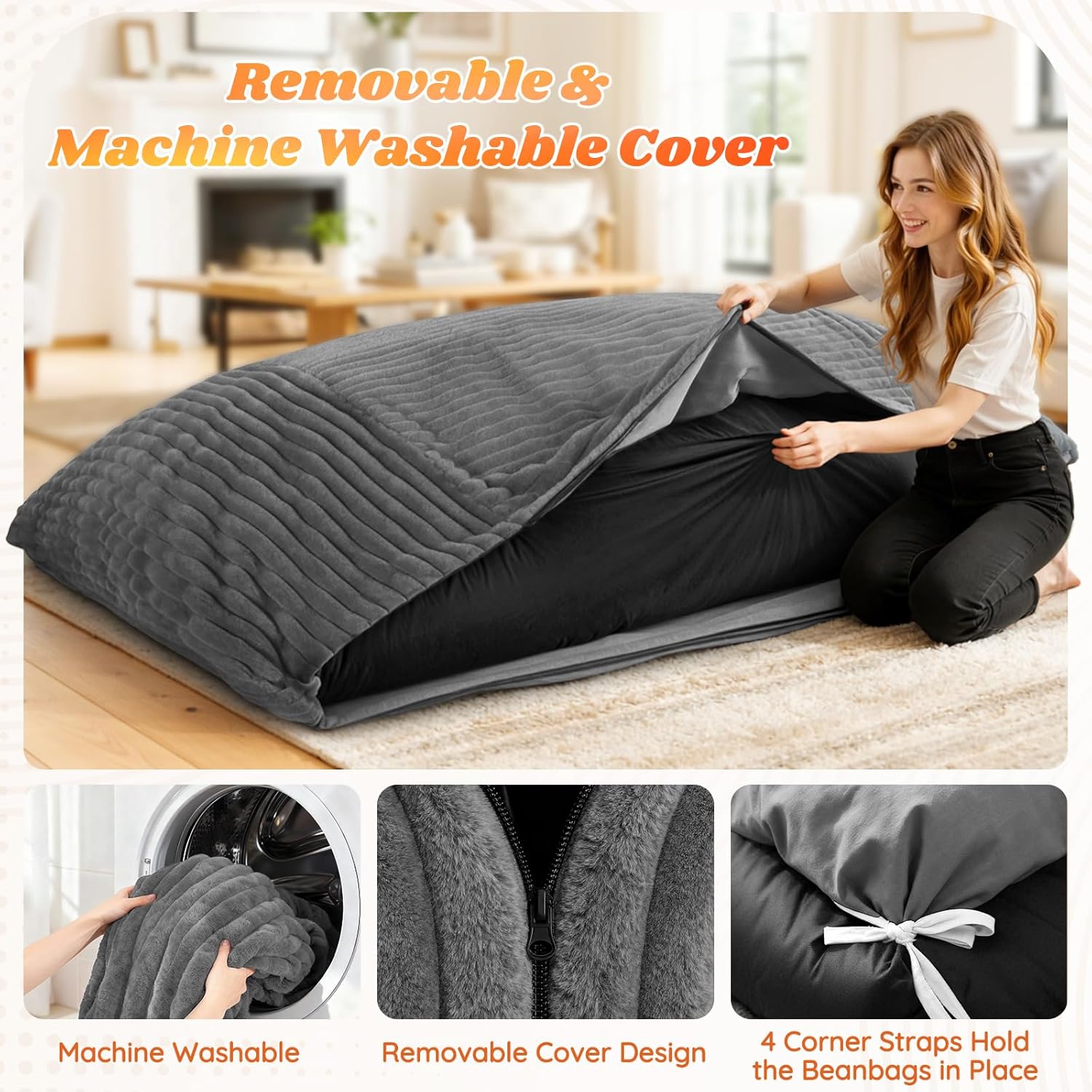 3 in 1 Giant Bean Bag Chair for Adults and Kids, Oversized Convertible Bean Bag Bed with Machine Washable Cover, Comfy Soft Memory Foam Floor Sofa for Living Room, Bedroom & Game Room(Grey)