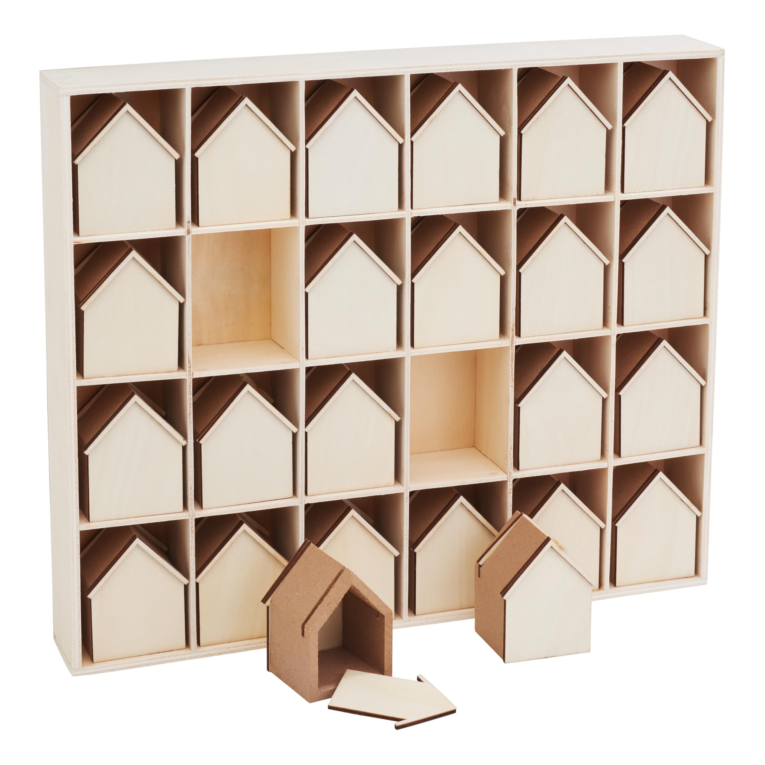VBS Adventskalender Anhänger – 24 Holzhäuschen, 6,5 X 4,2 X 6 Cm, Unbehandelt, Mit Juteband – Zum Basteln & Befüllen