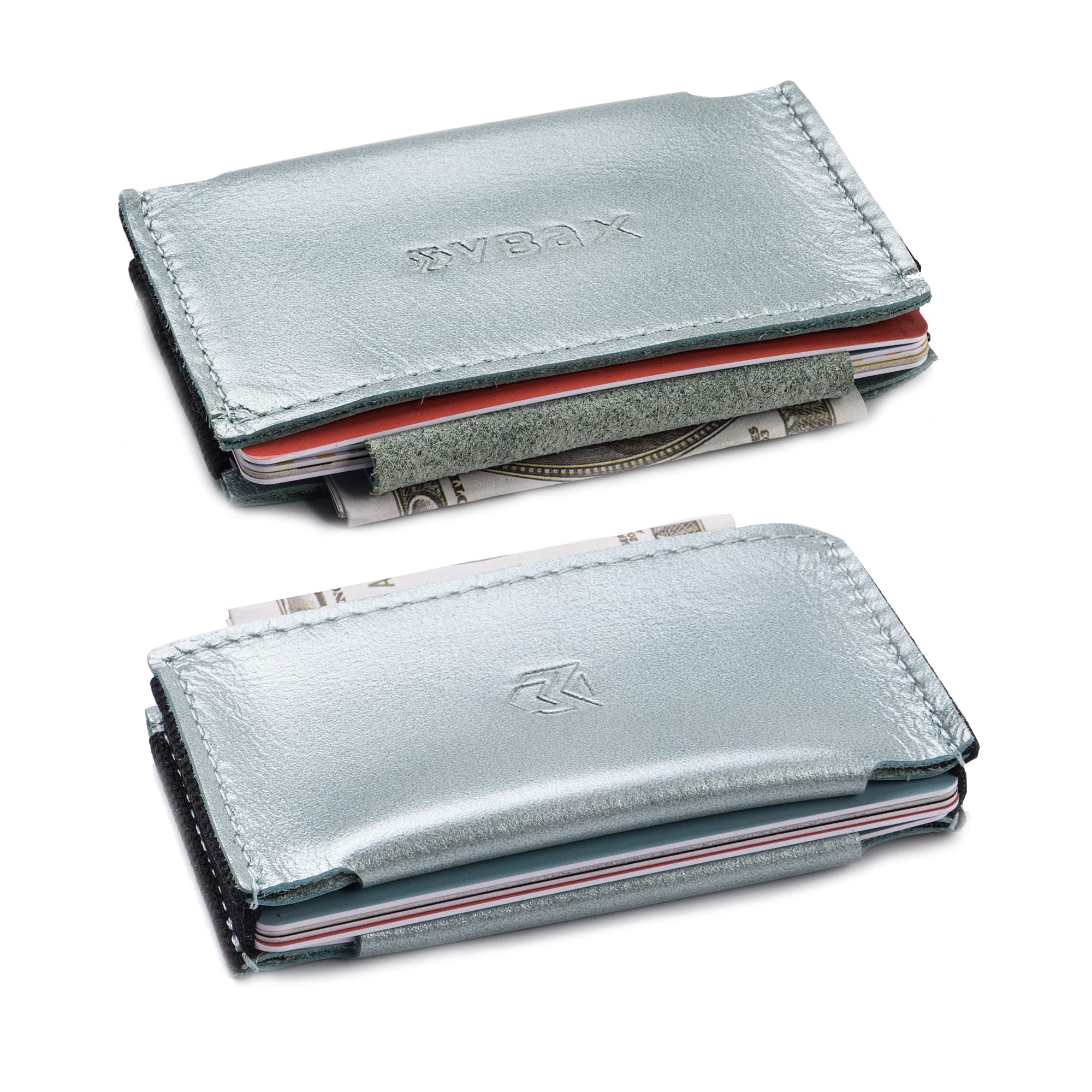 VBAXMinimalist Slim Elastic Wallet - Small Front Pocket Credit Card Holder for Men & Women Holds Up to 12 Card & Cash, Light Silver, Genuine Soft leather, Slim Elastic Wallet