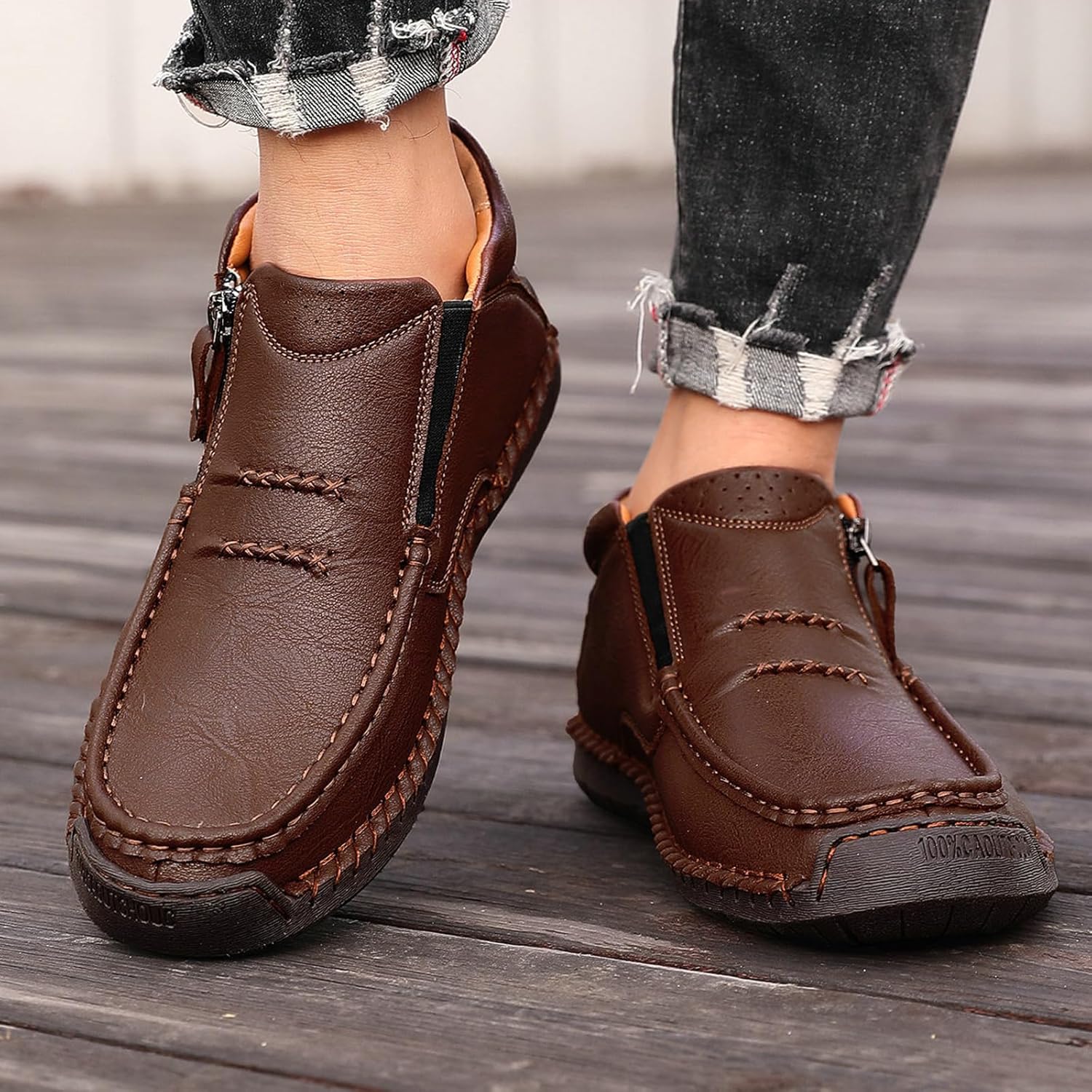 Men's Mid-top Chukka Boots,Fall Winter Fashion Vintage Leather Handmade Non-Slip Side Zip Driving Casual Dress Shoes