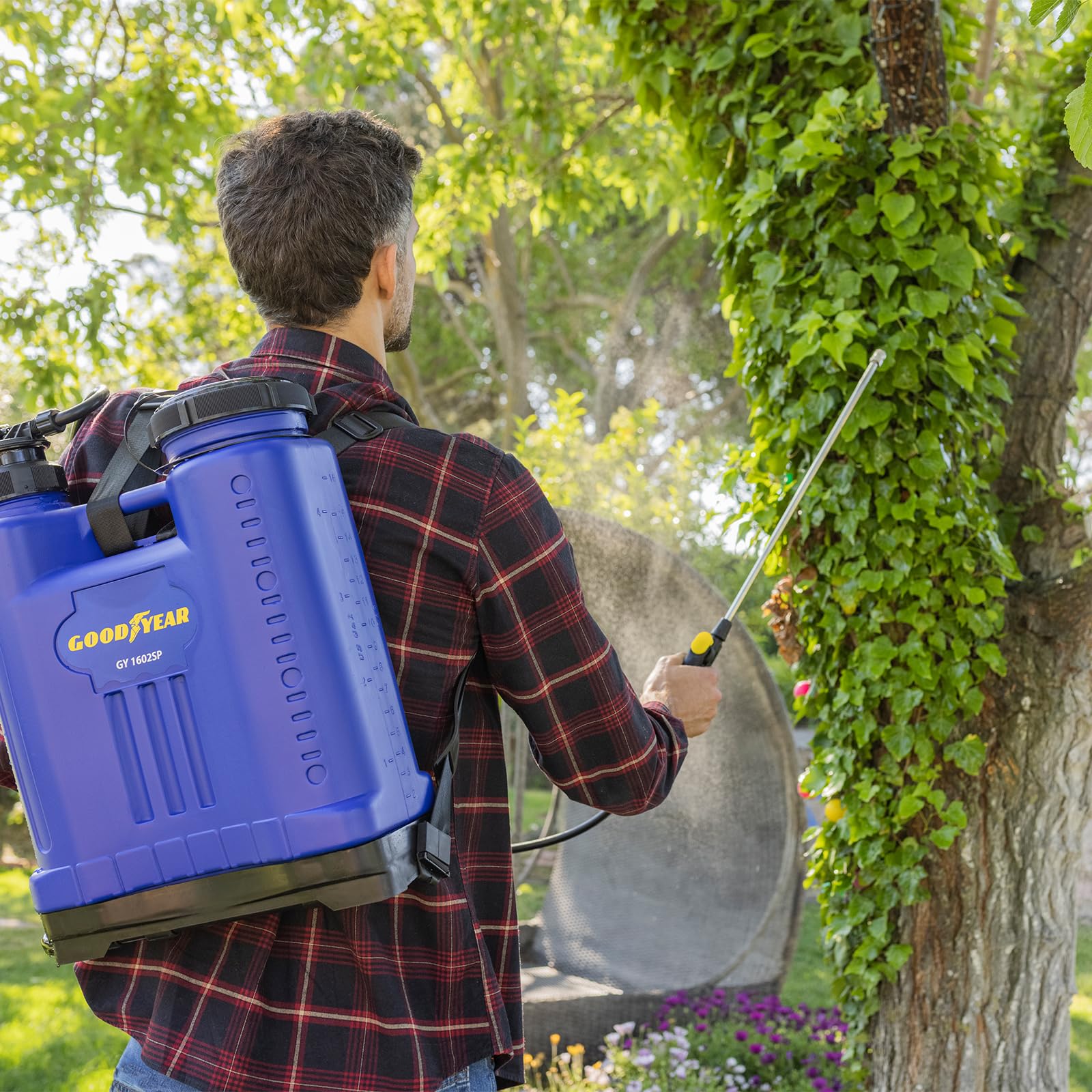 Goodyear – Pulvérisateur à Dos Manuel 16L avec Lance en Acier Inoxydable, Pression Constante 1,4 Bar, 2 Bar Fermée, Buse Double Cône à 4 Orifices – Pulvérisateur de Jardin Haute Performance