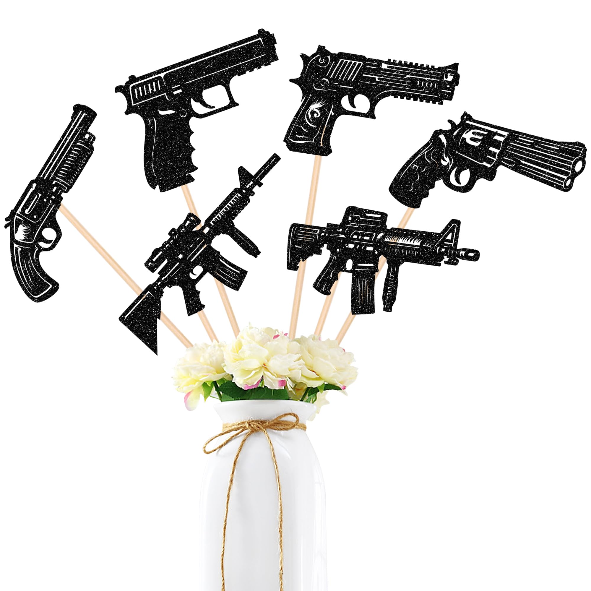 12 PCS Gun Centerpiece Sticks Gun Pistol Shooting Themed Table Flower Centerpieces Sticks Gun Shooting Floral Decorations for Military Gun Theme Baby