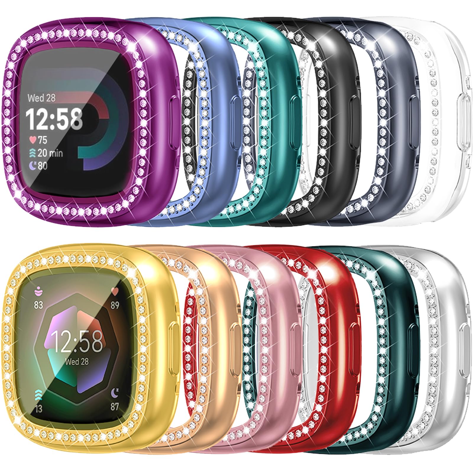 [12Pack] RICHONE Compatible with Fitbit Versa 4/Sense 2 Case with Screen Protector, Sparkly Rhinestones Soft TPU Full Protective Case Bling Crystal Diamond Watch Cover Frame Bumper, for Women Men