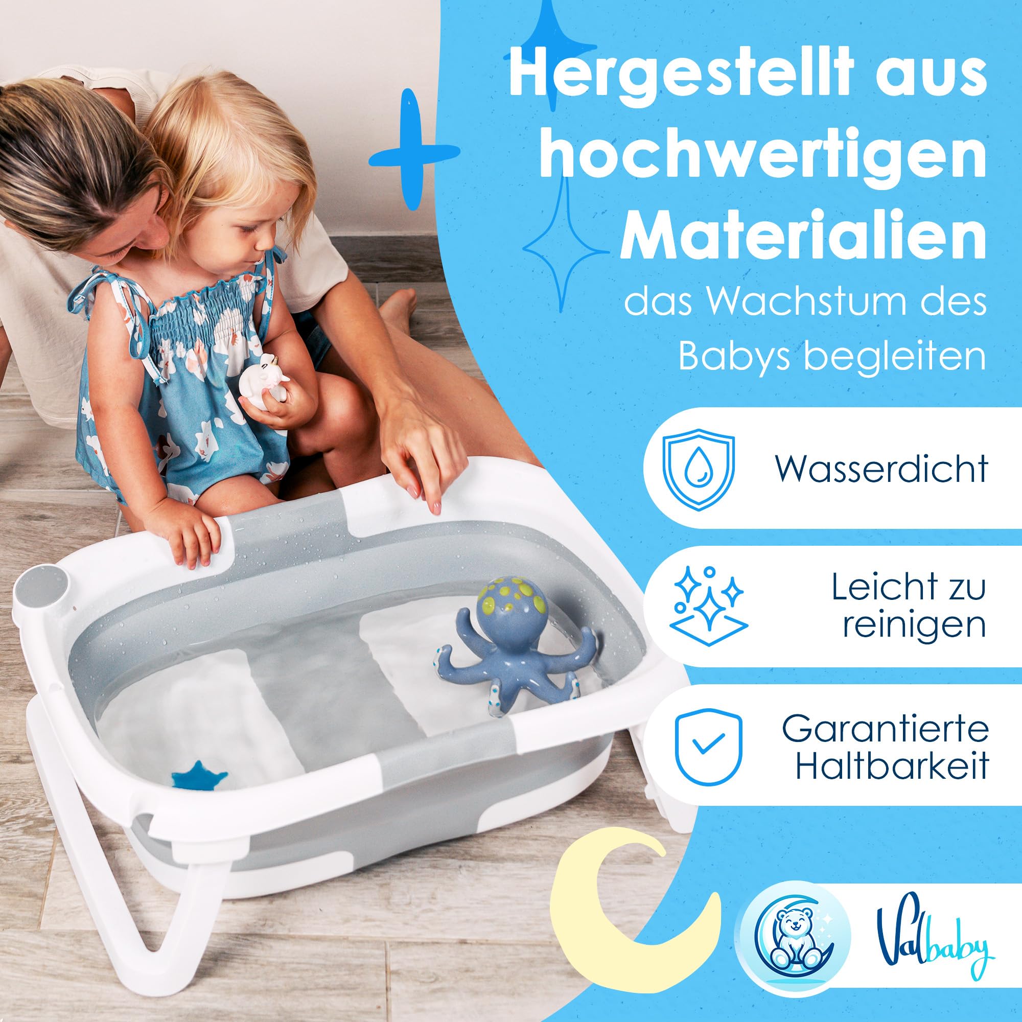 VALBABY Składana wanienka dla niemowląt z ergonomiczną antypoślizgową poduszką, przenośna i kompaktowa, łatwa do czyszczenia, dla dzieci w wieku 0-3 lat, bezpieczna i wszechstronna wanienka dla