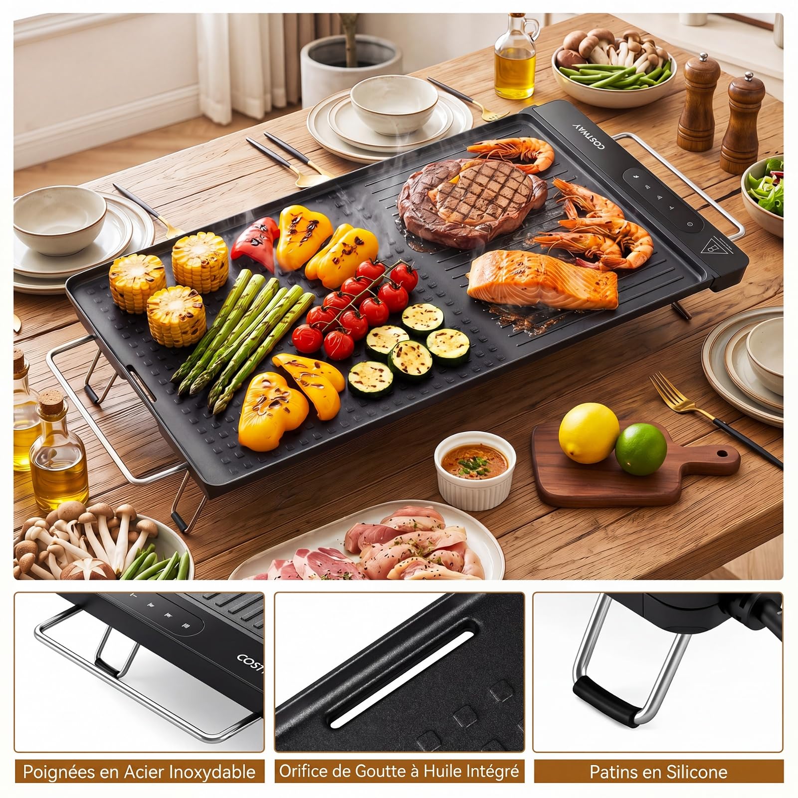 COSTWAY Plancha Gril Électrique 1300W, Plaque Antiadhérente avec Double Surface, Contrôle Tactile, Poignées, Pieds Pliables, Lavable Lave-vaisselle, Protection Surchauffe pour Voyage, Pique Nique