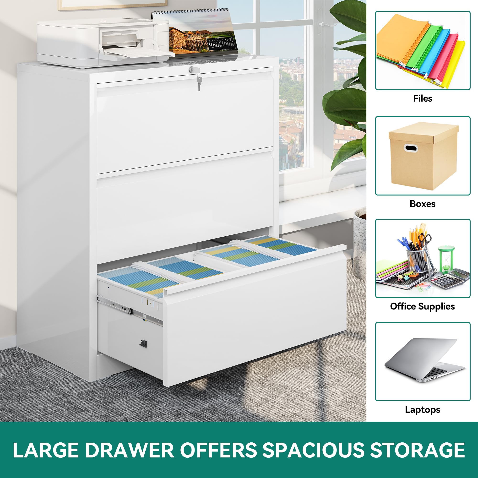 YITAHOME 3 Schubladen Aktenschränke mit Schloss, Metall-Edelstahl-Schrank für A4-Formate, Büro-Organisationsschrank, weiß, 103x90x46cm