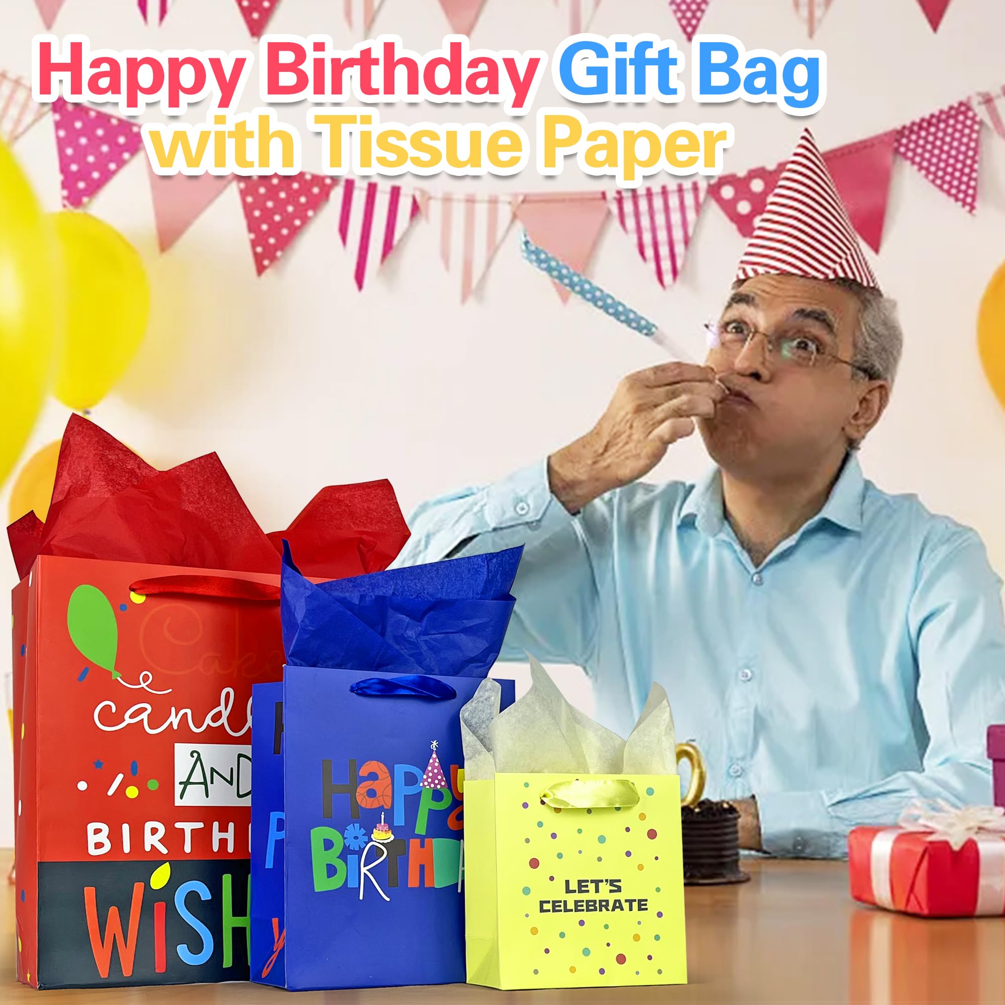 MUMULULU Paquete de 10 bolsas de regalo de cumpleaños con asa de cinta y papel de seda, varios tamaños y diseños, bolsa de regalo de cumpleaños de 3 tamaños para envolver regalos de cumpleaños