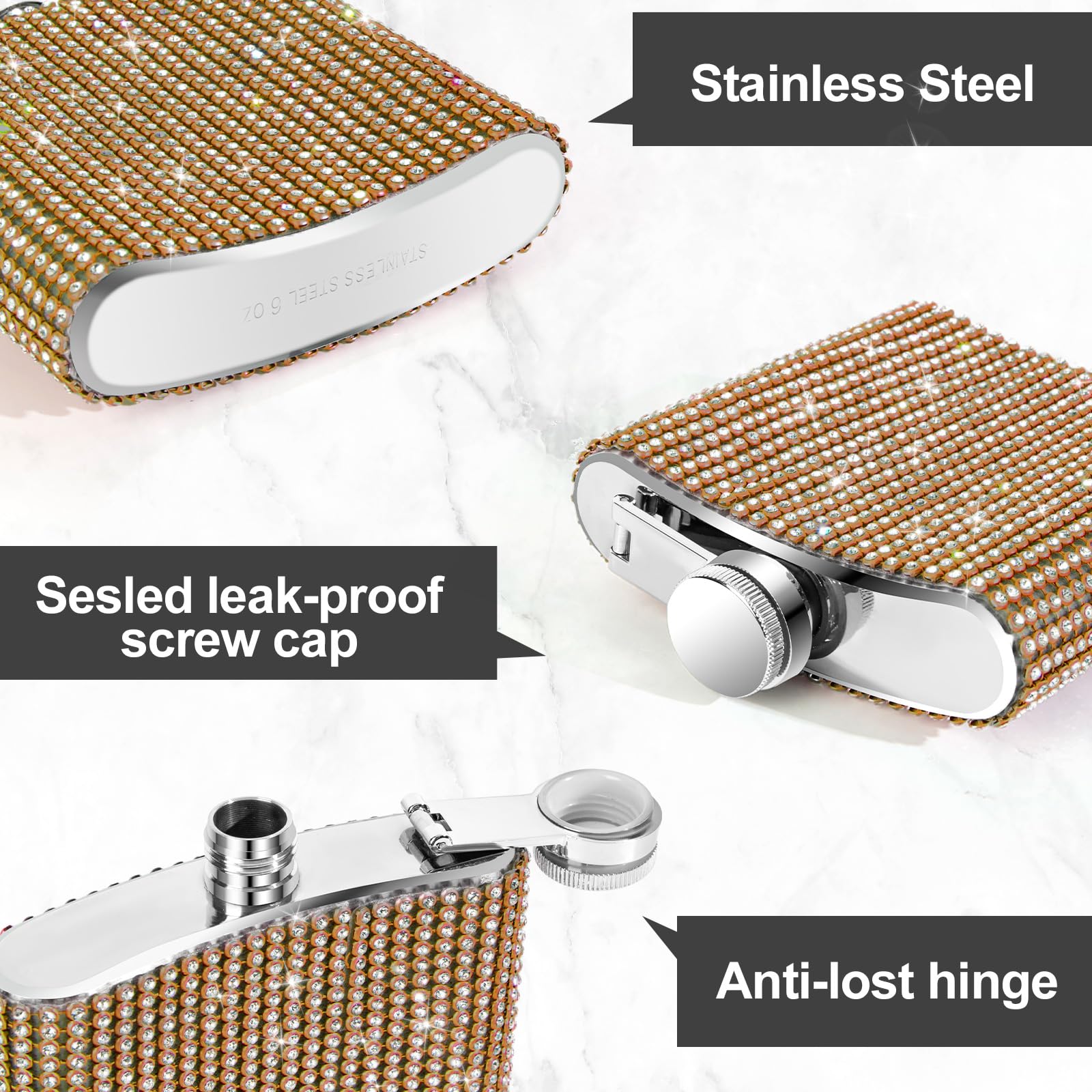 INSTOME Diamond Hip Flask - 8oz, Gold, Stainless Steel, Leakproof With Funnel - View #11