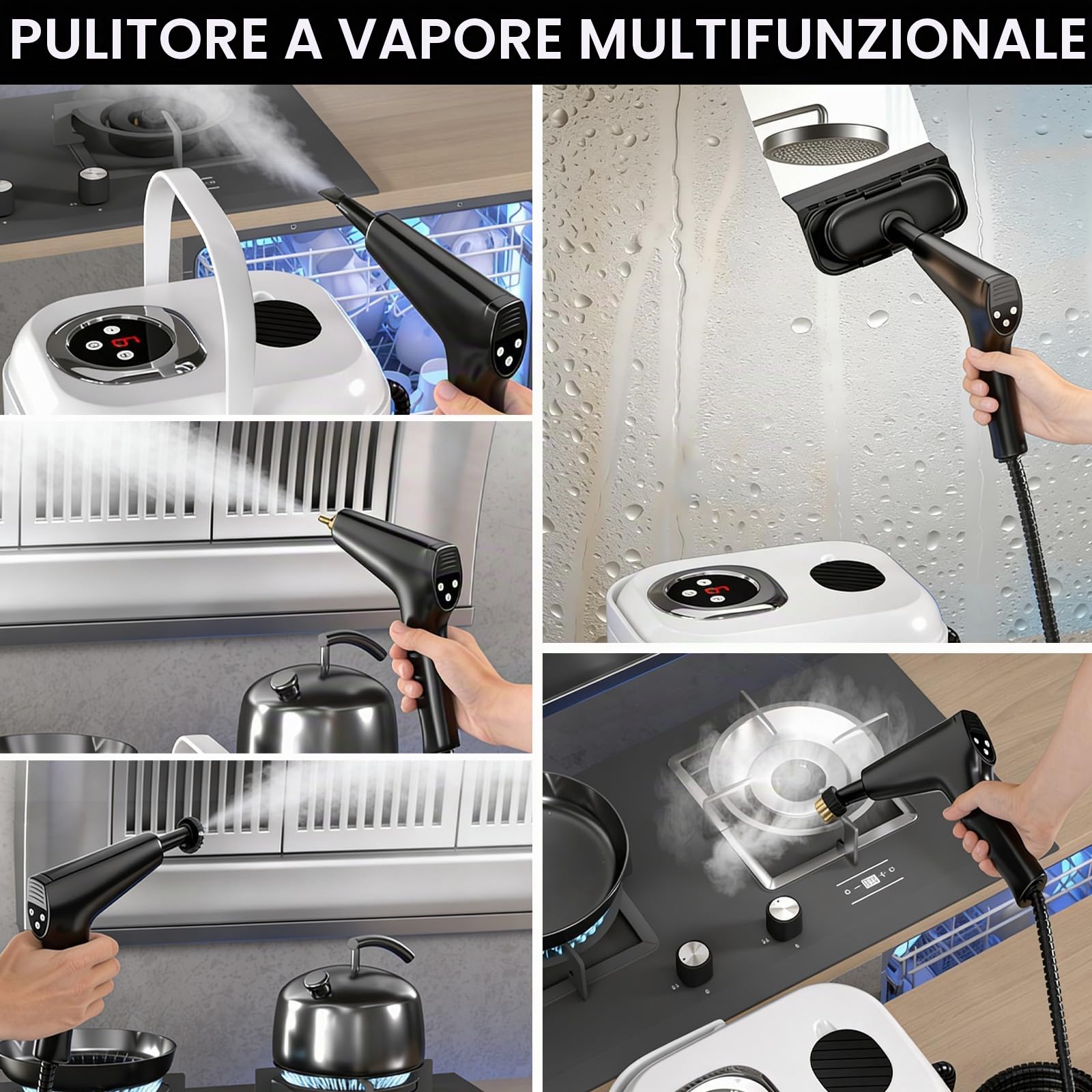 Pulitore a Vapore Portatile, 2500W Pulitore Vapore Casa, Maniglia Regolabile in 6 Livelli, Serbatoio Dell'acqua da 1700ml, Macchina per Pulizia a Vapore per Cucina, Piastrelle, Mobili