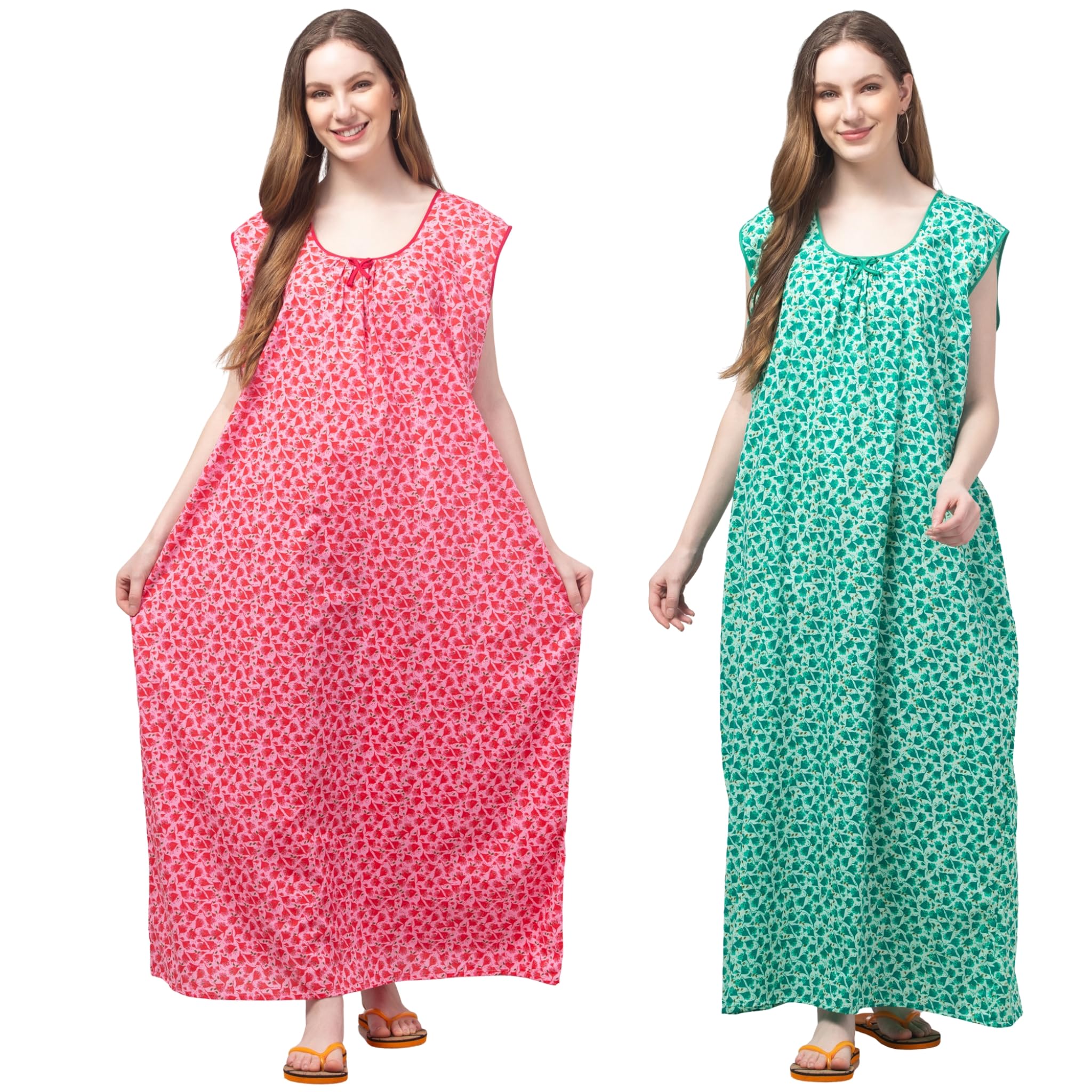 mechanical wear Pack of 2 Women Cotton Nighty Maxi Length 54 Inch Sleeveless Cut Sleeve Floral & Polka Dot Print Nightdress | Soft Breathable Multicolour Cotton Sleepwear | Bust 42 Inch-picture-31