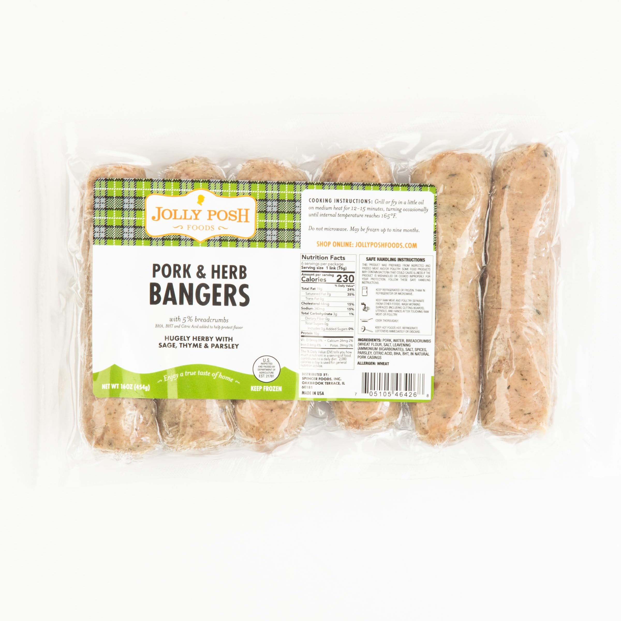 Spencer's Jolly Posh Pork Sausage Bangers with Herbs 6:1 - Gourmet British Flavor, 16 oz Pack of 9, Ideal for Culinary Professionals, Bulk