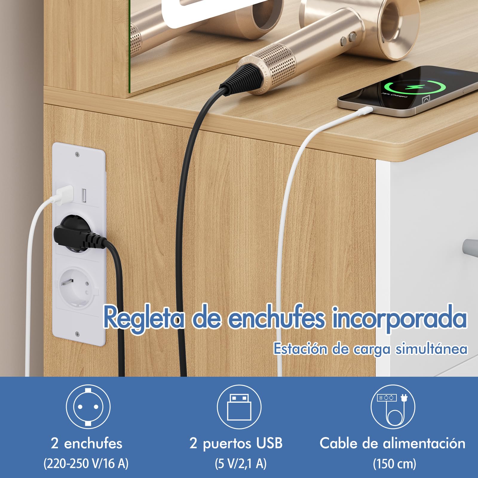 ALFORDSON Tocador con Espejo e iluminación, Juego de tocador de 90 cm con 4 cajones y Taburete de Almacenamiento, Luces LED Ajustables, tocador para Dormitorio de Mujeres y niñas, Madera
