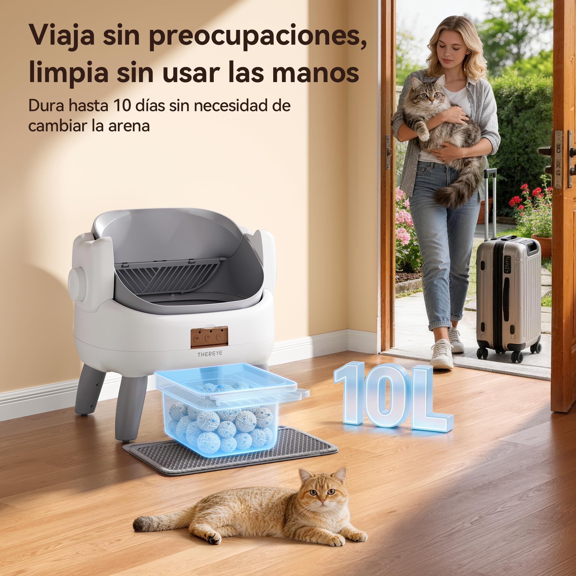 Thereye Arenero Gatos Autolimpiable con Escalón de Entrada,Arenero Automático de Diseño Abierto con Control por Aplicación,Sensor de Seguridad,Protección Anti-atrapamiento y Eliminación de Olores