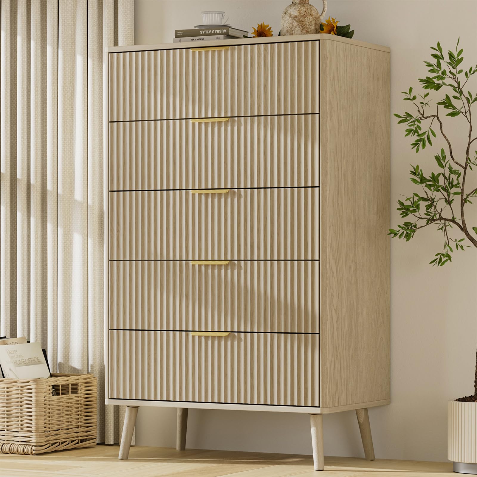 LYNSOM Beige 5 Drawer Dresser, 45