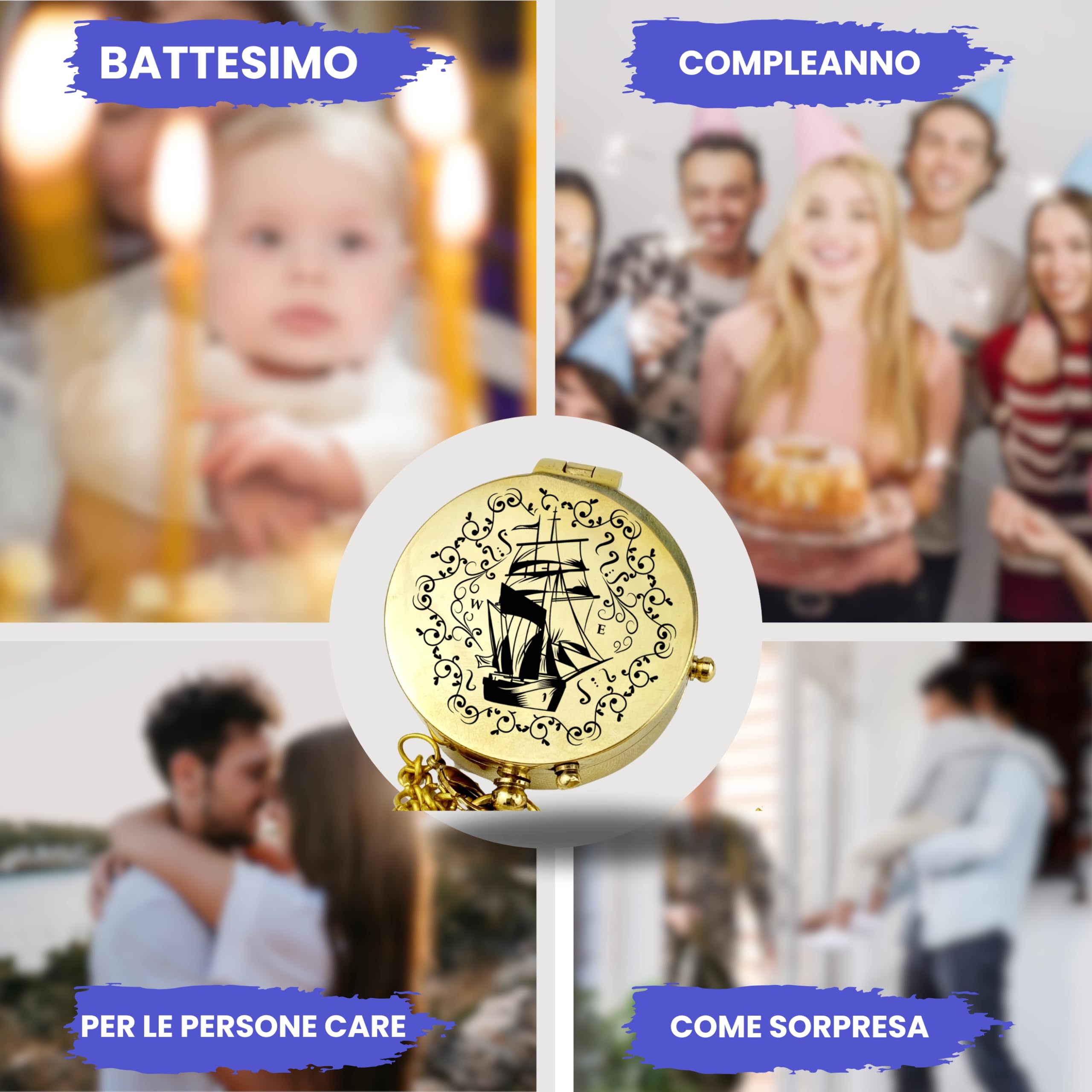 Bussola personalizzata in ottone e pelle con incisione motivo marittimo, regalo