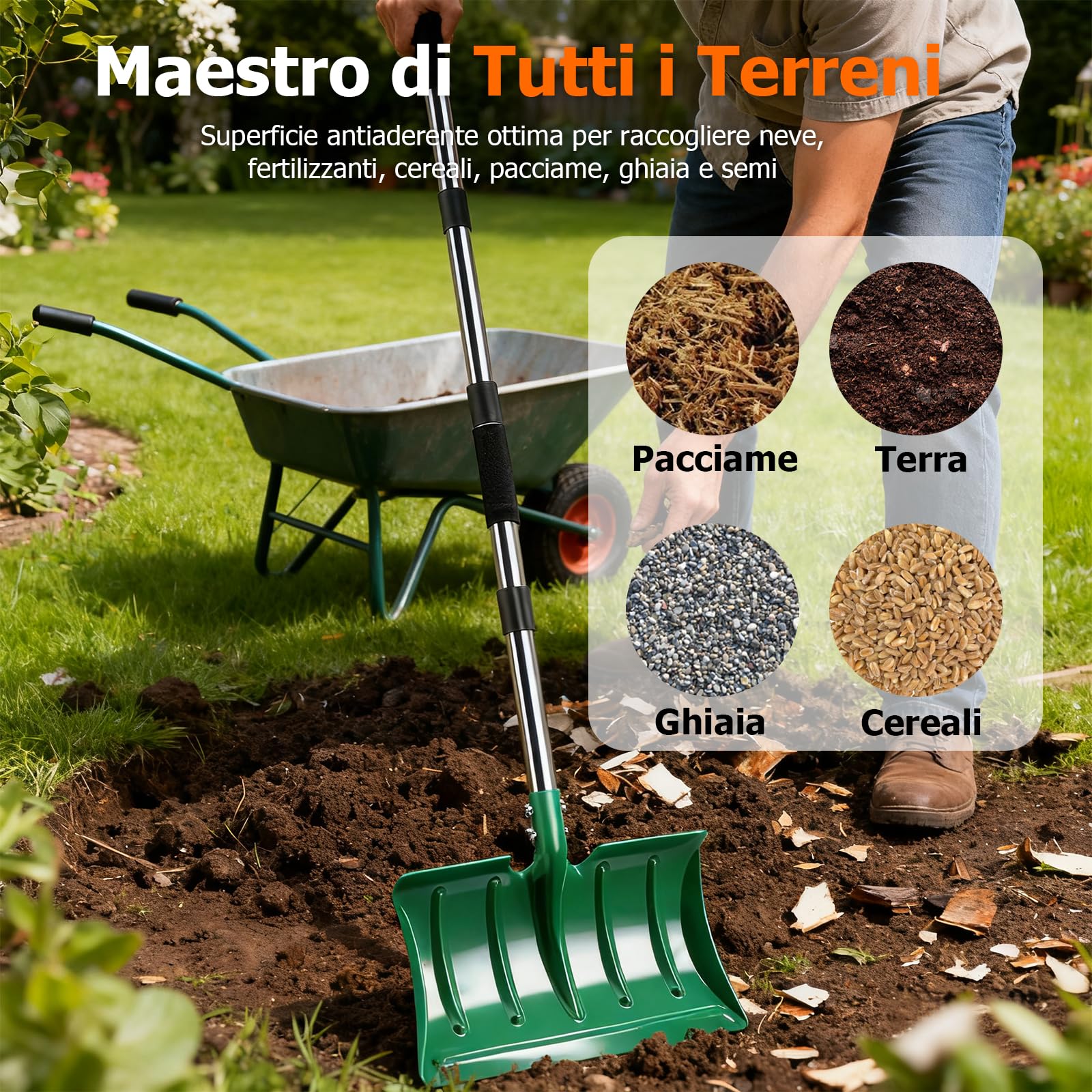 Pala da neve con manico lungo 163 cm, in metallo ad alta resistenza con pala larga 41 cm, manico ergonomico lungo e schiuma anti-gelo per la rimozione della neve di vialetti, auto, pacciamatura, terra