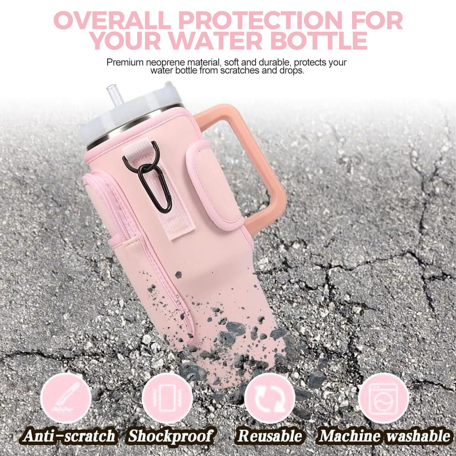 Water Bottle Carrier Bag, Water Bottle Holder with Clouds Straw Cover for 40oz Stanley Cup, Water Bottle Pouch with Adjustable Shoulder Strap & Phone Pocket for Travel Walking Hiking Gym(Pink) - Image 2
