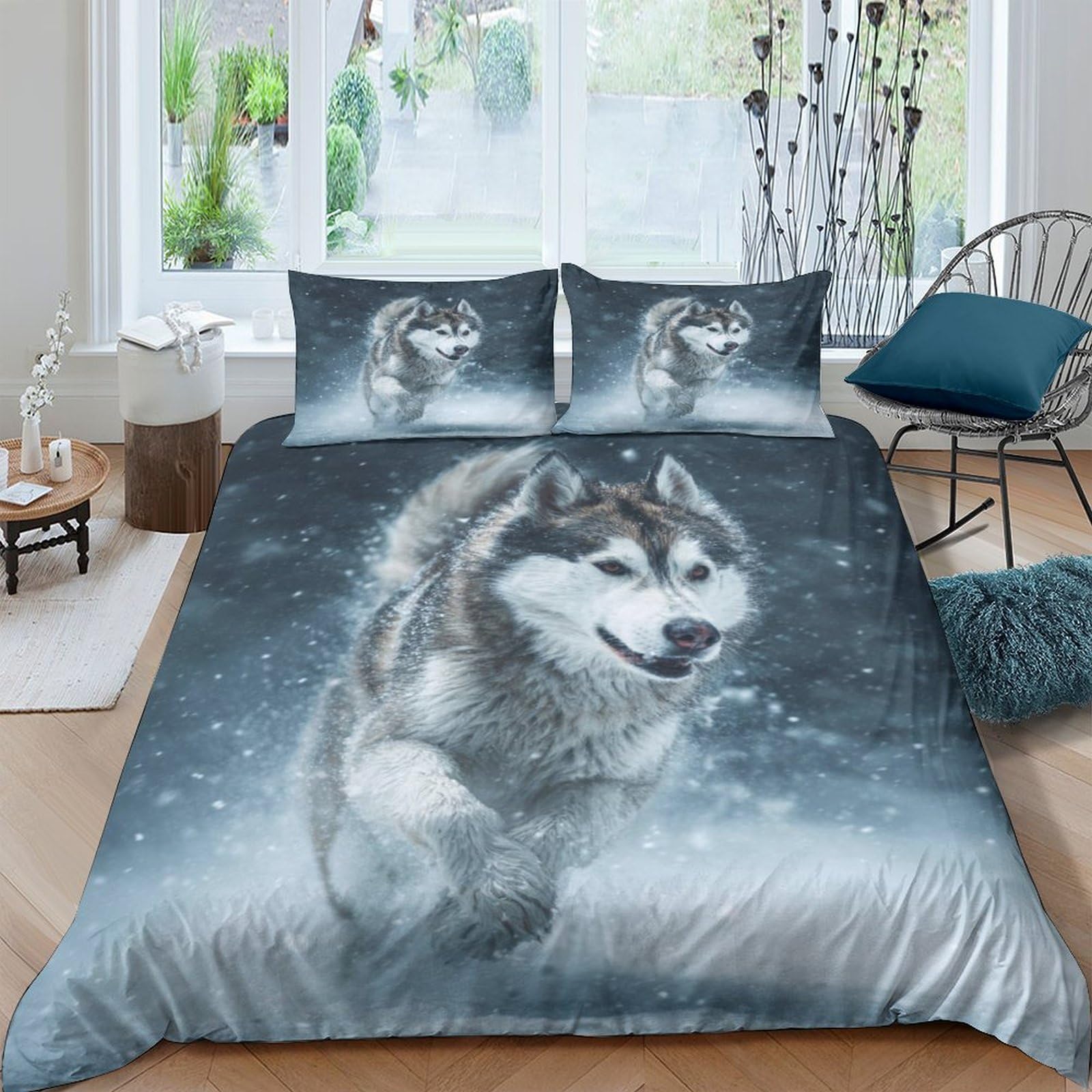 Ctjqhvkz Style-4 3D Printed Husky Snow Fitted Sheet Microfiber Soft Bedroom Decor Wolf Pattern Mattress Cover For Home Dorm Single（135X200cm）