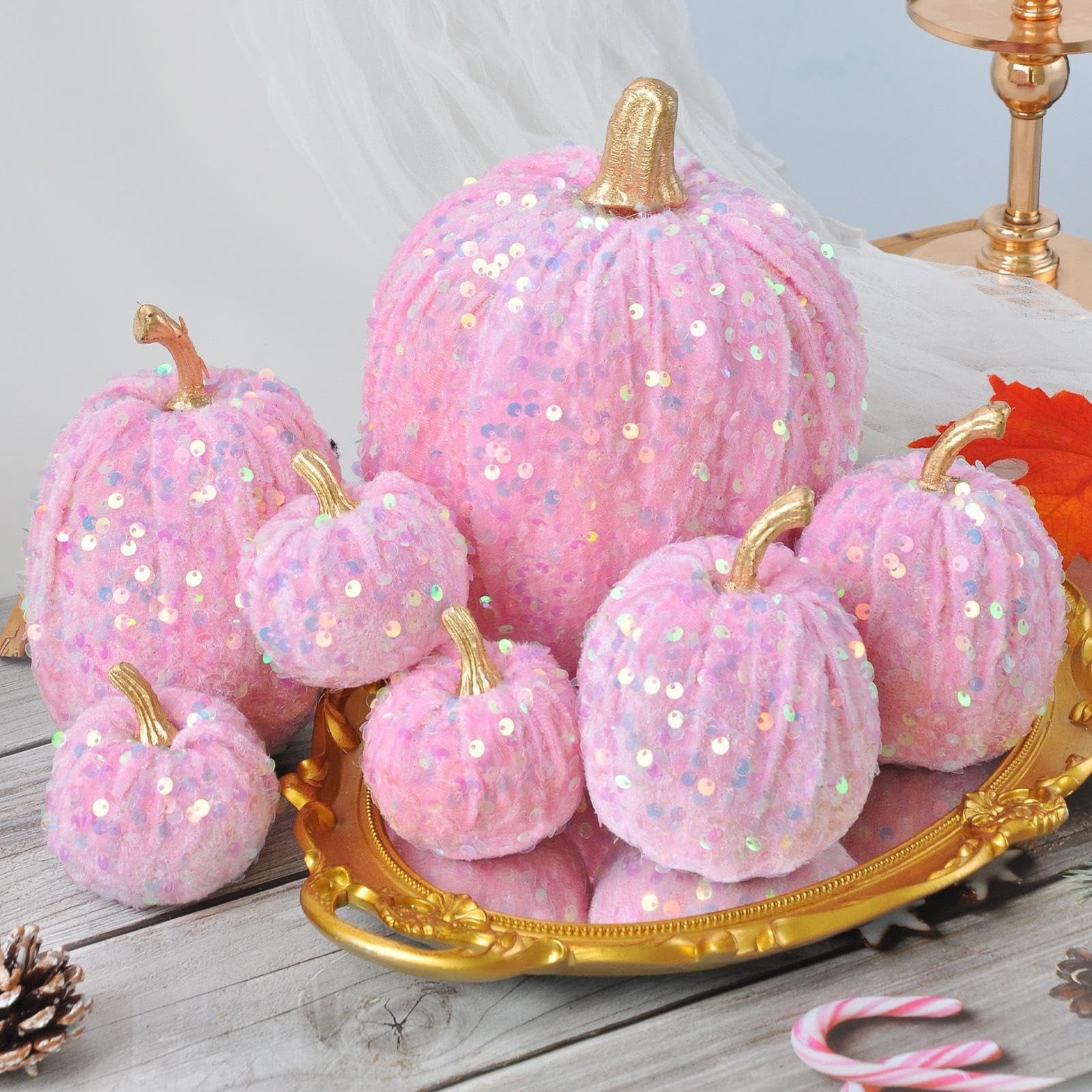 Zucche di velluto con paillettes, 7 pezzi, decorazioni a forma di zucca di