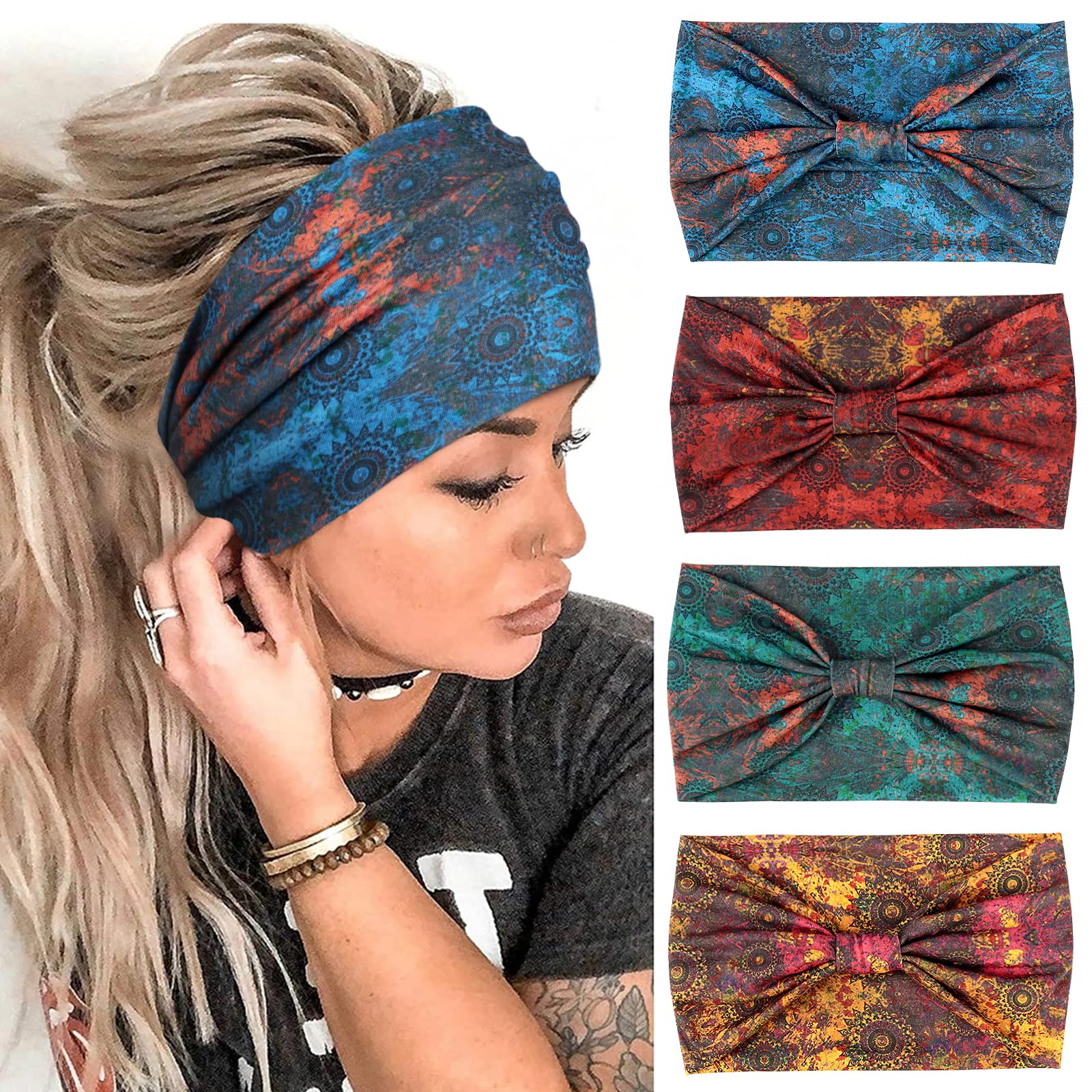Kavya Women's Hair Bands, Pack of 4, Width 15 cm, Soft Elastic Hair Bands, Yoga Headbands, Women Girls Hair Accessories